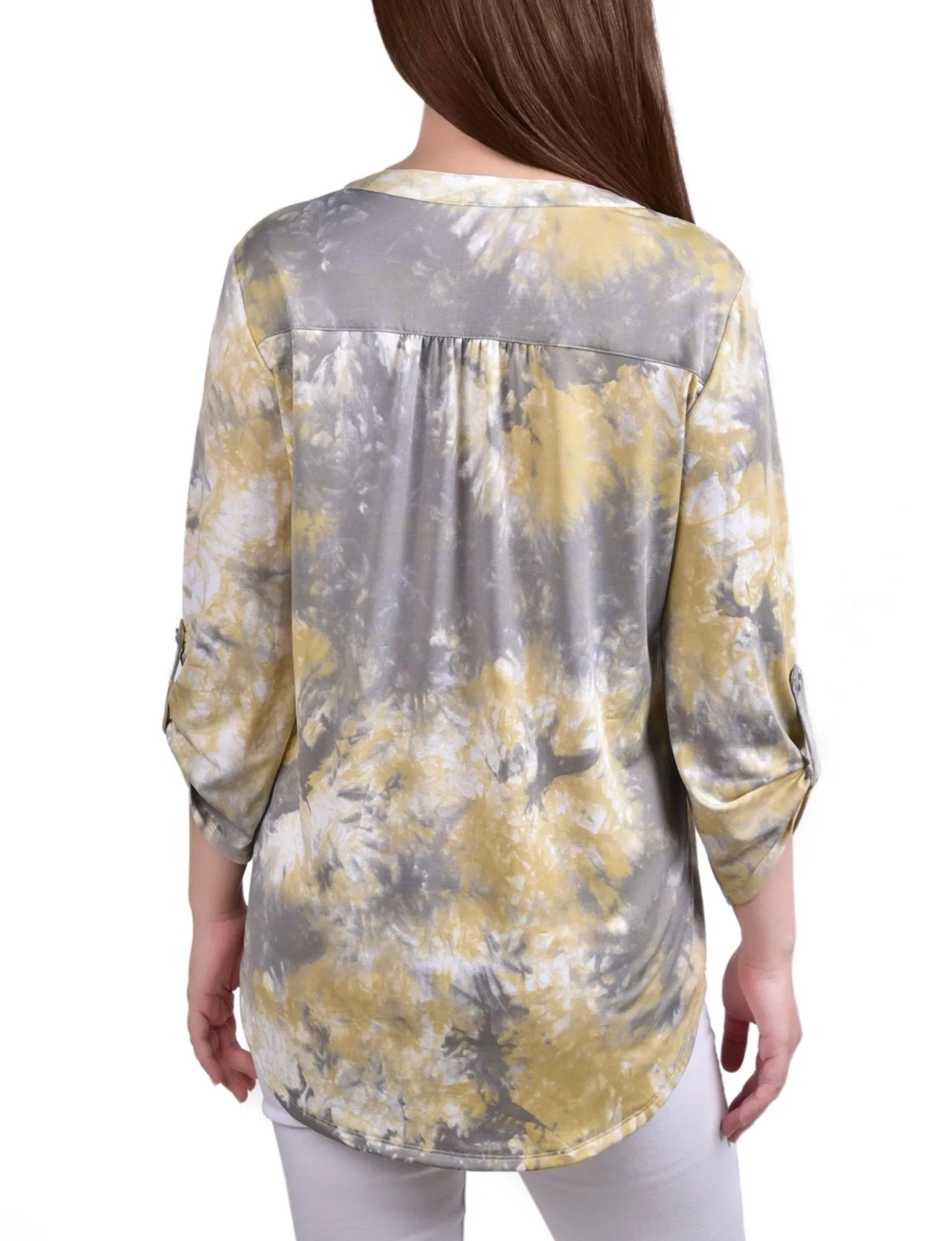 Yellow Tiedye 3/4 Bell Sleeve Pleat Front Y Neck Top - Petite sold by Dress Barn product image thumbnail 4
