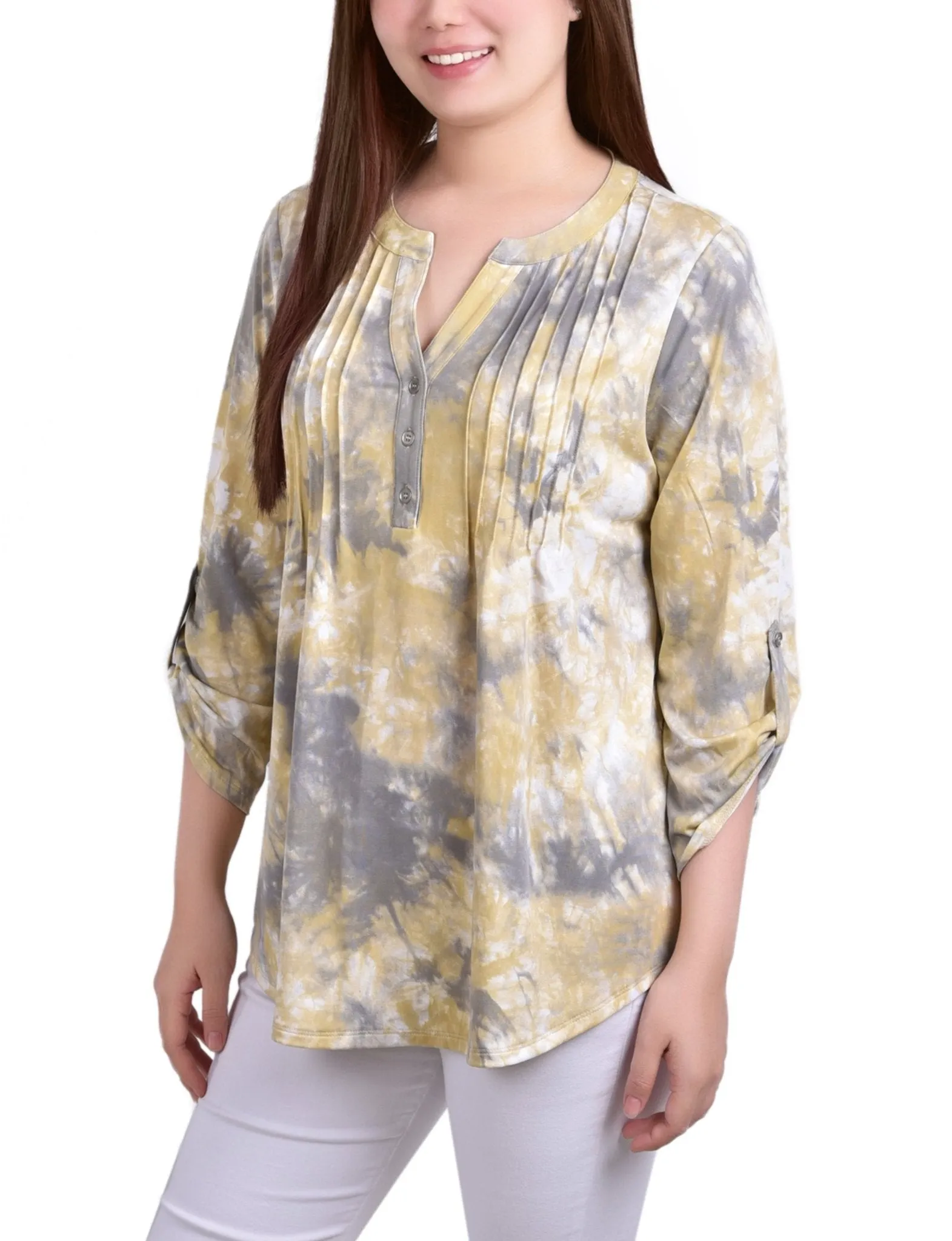 Yellow Tiedye 3/4 Bell Sleeve Pleat Front Y Neck Top - Petite sold by Dress Barn product image thumbnail 2