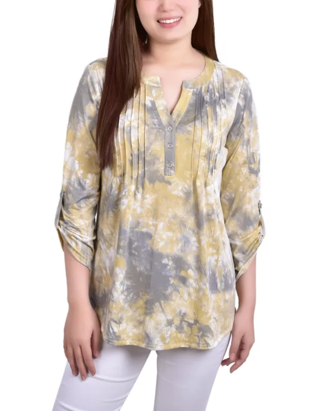 Yellow Tiedye 3/4 Bell Sleeve Pleat Front Y Neck Top - Petite sold by Dress Barn