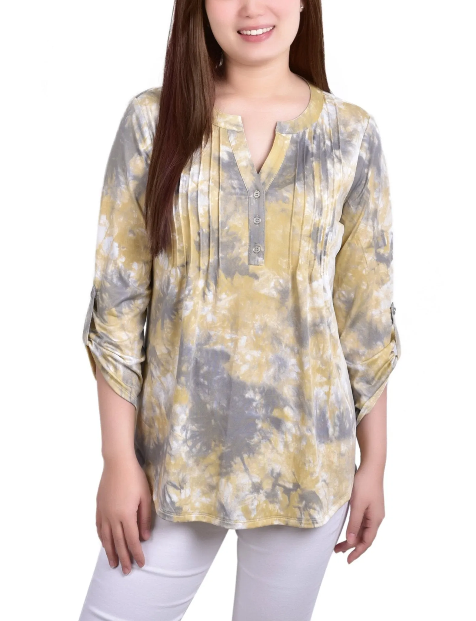 Yellow Tiedye 3/4 Bell Sleeve Pleat Front Y Neck Top - Petite sold by Dress Barn