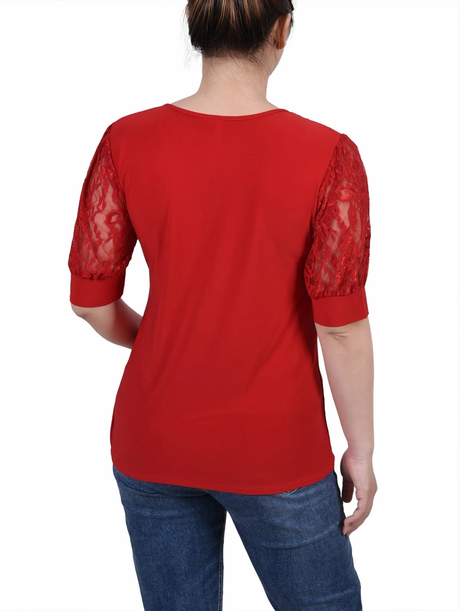 Jester Red Short Puff Sleeve Top With Lace Sleeves And Yoke - Petite sold by Dress Barn product image thumbnail 4
