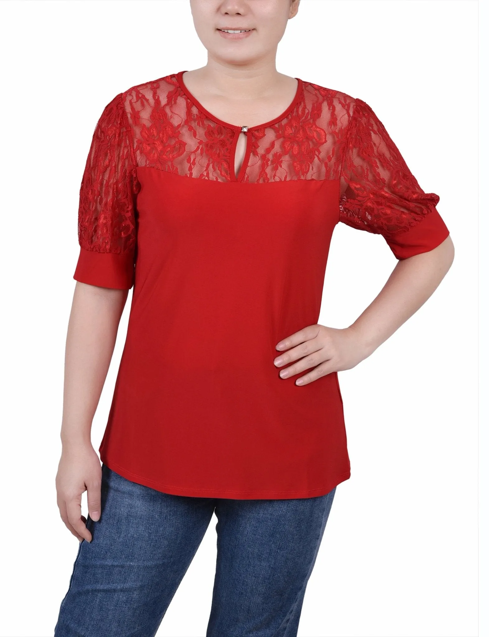 Jester Red Short Puff Sleeve Top With Lace Sleeves And Yoke - Petite sold by Dress Barn