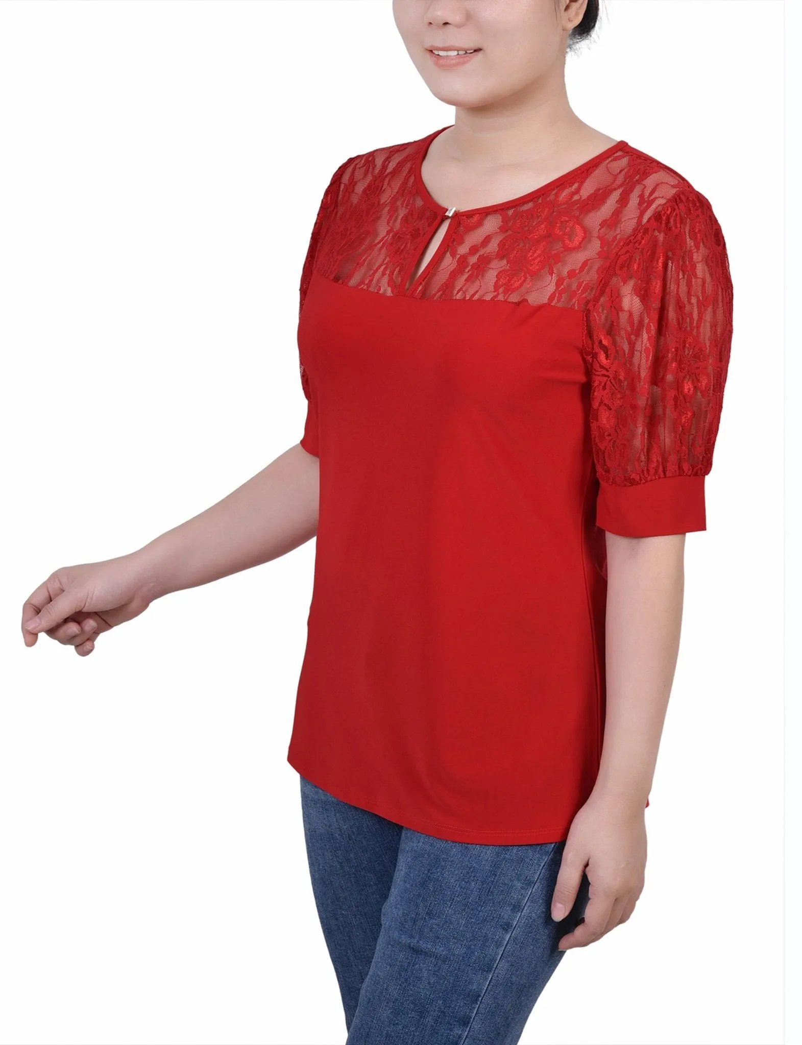 Jester Red Short Puff Sleeve Top With Lace Sleeves And Yoke - Petite sold by Dress Barn product image thumbnail 2