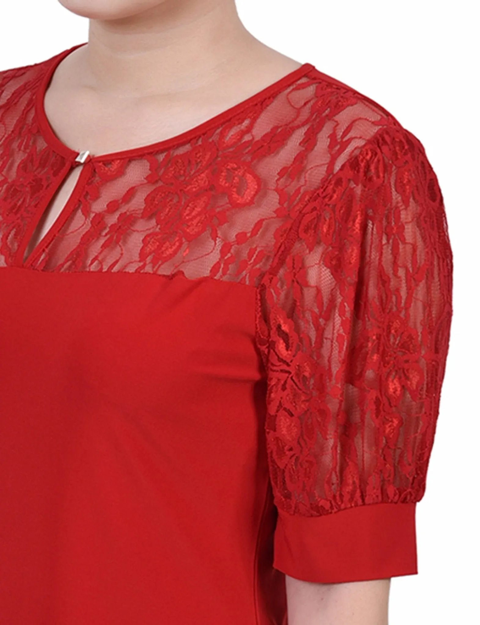 Jester Red Short Puff Sleeve Top With Lace Sleeves And Yoke - Petite sold by Dress Barn product image thumbnail 3