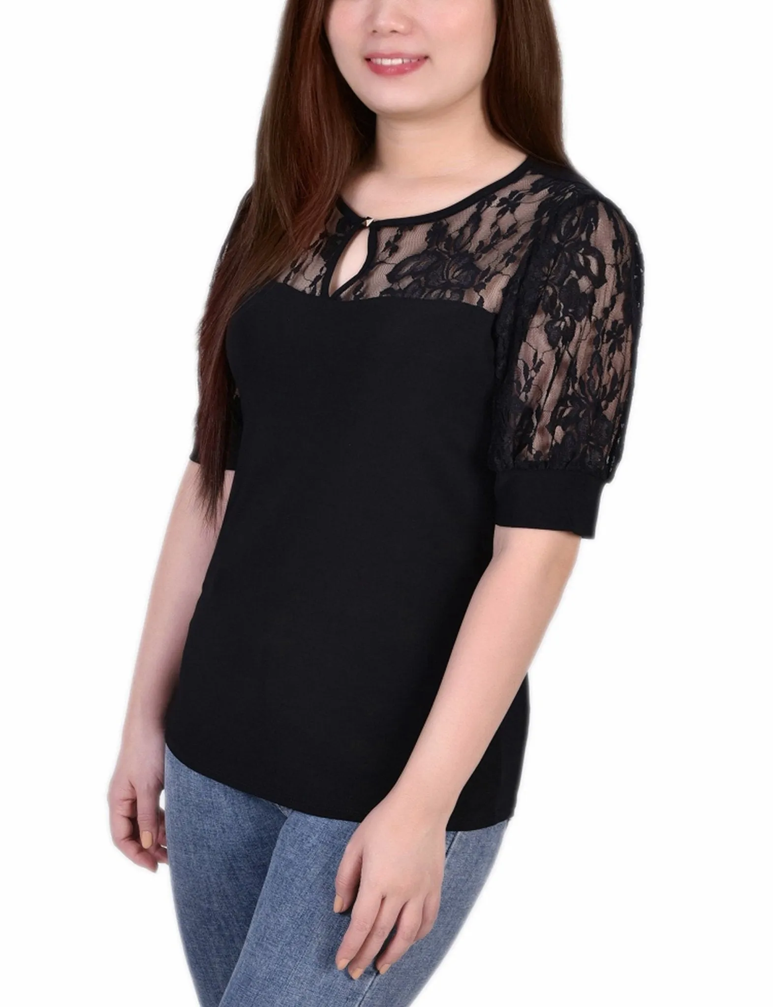 Black Short Puff Sleeve Top With Lace Sleeves And Yoke - Petite sold by Dress Barn product image thumbnail 2