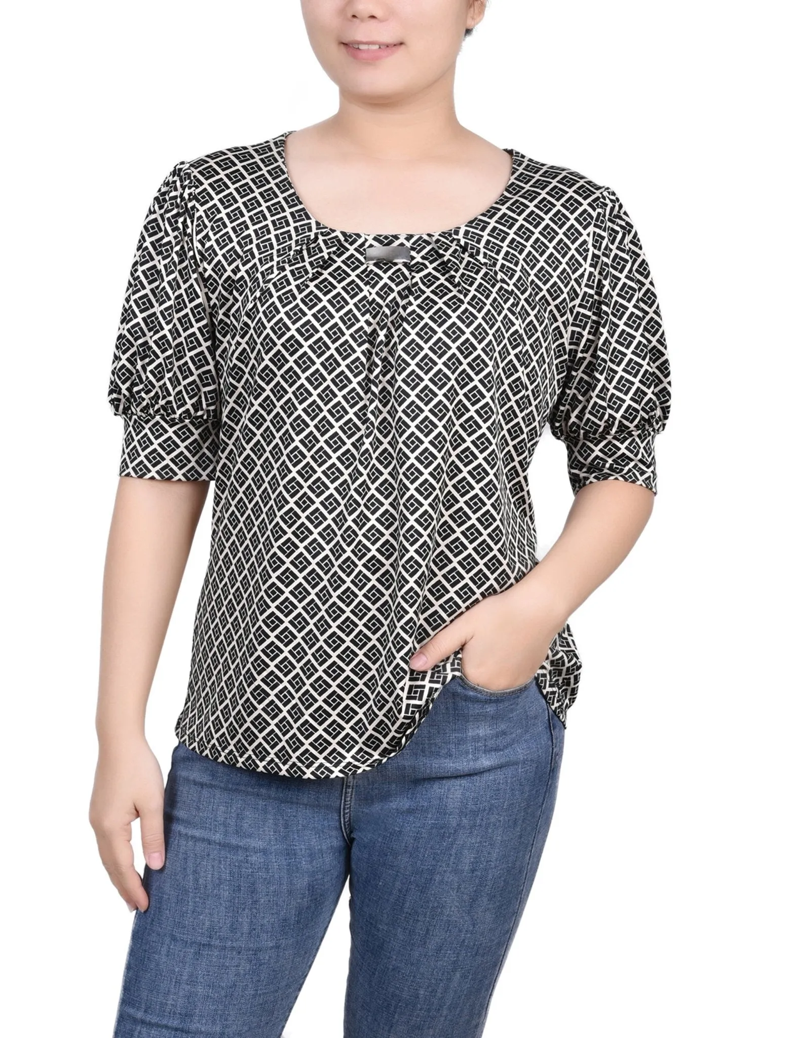 Doeskin Black Allie Short Sleeve Balloon Sleeve Top - Petite sold by Dress Barn