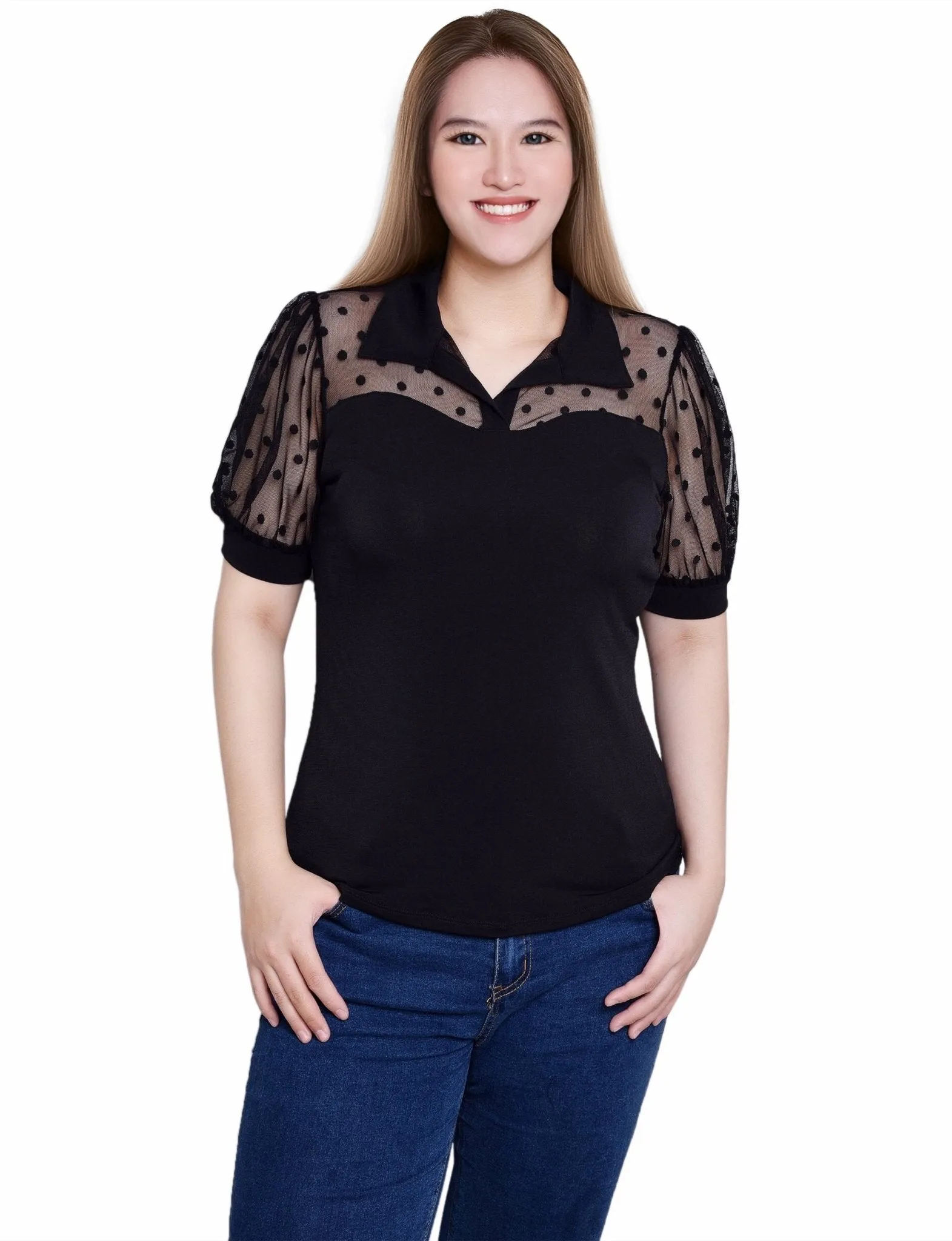 Black Short Sleeve Top With Dotted Mesh - Petite sold by Dress Barn