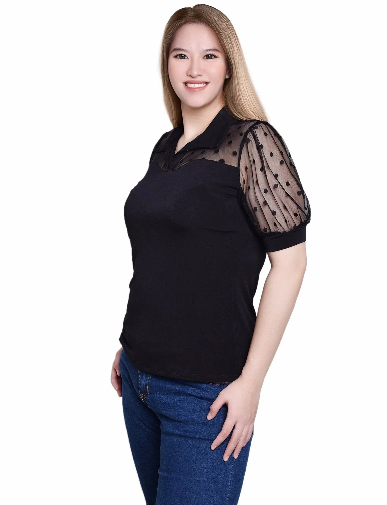 Black Short Sleeve Top With Dotted Mesh - Petite sold by Dress Barn product image thumbnail 2