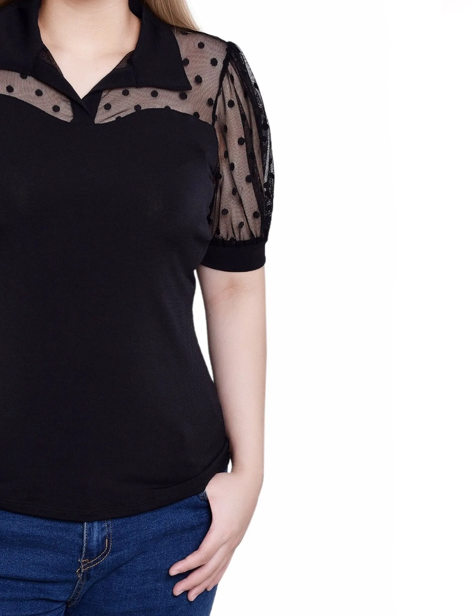 Black Short Sleeve Top With Dotted Mesh - Petite sold by Dress Barn product image thumbnail 3