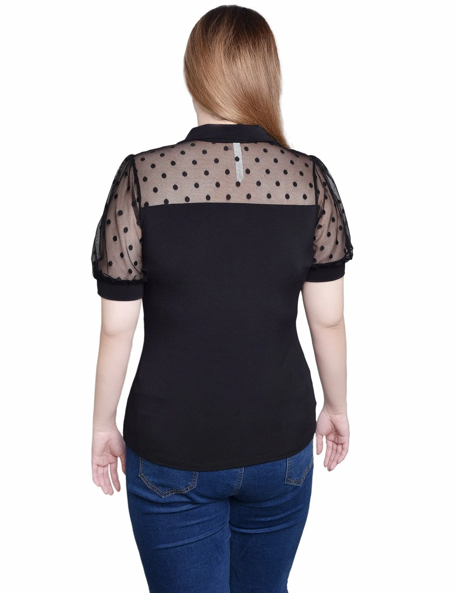 Black Short Sleeve Top With Dotted Mesh - Petite sold by Dress Barn product image thumbnail 4
