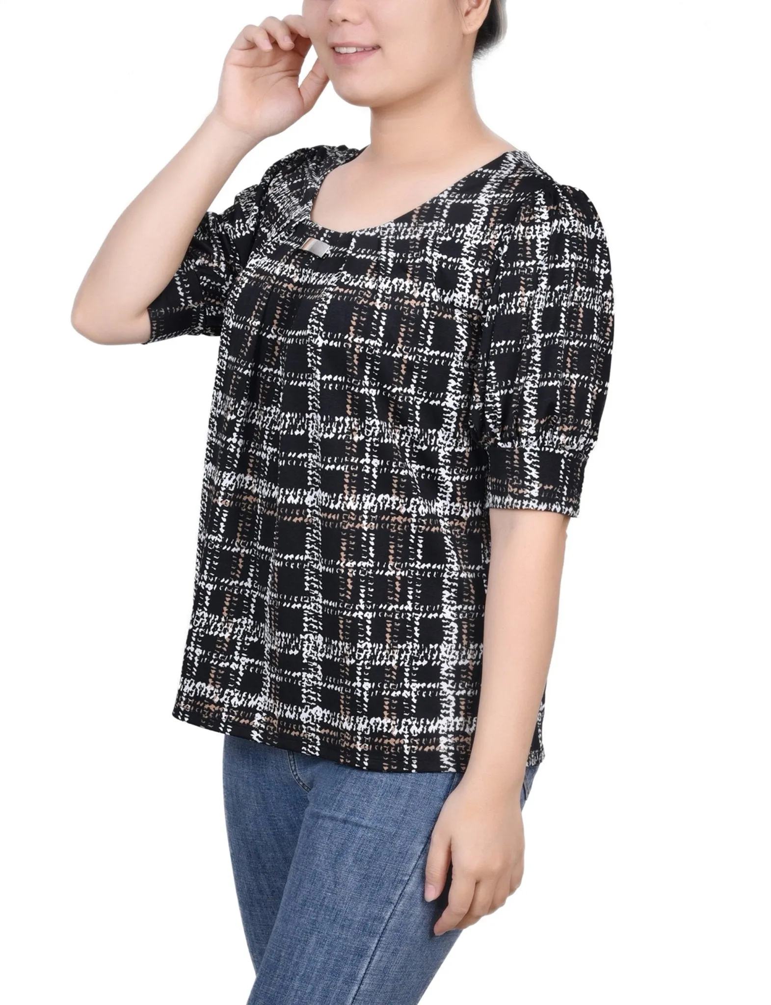 Jet Traceplaid Short Sleeve Balloon Sleeve Top - Petite sold by Dress Barn product image thumbnail 2