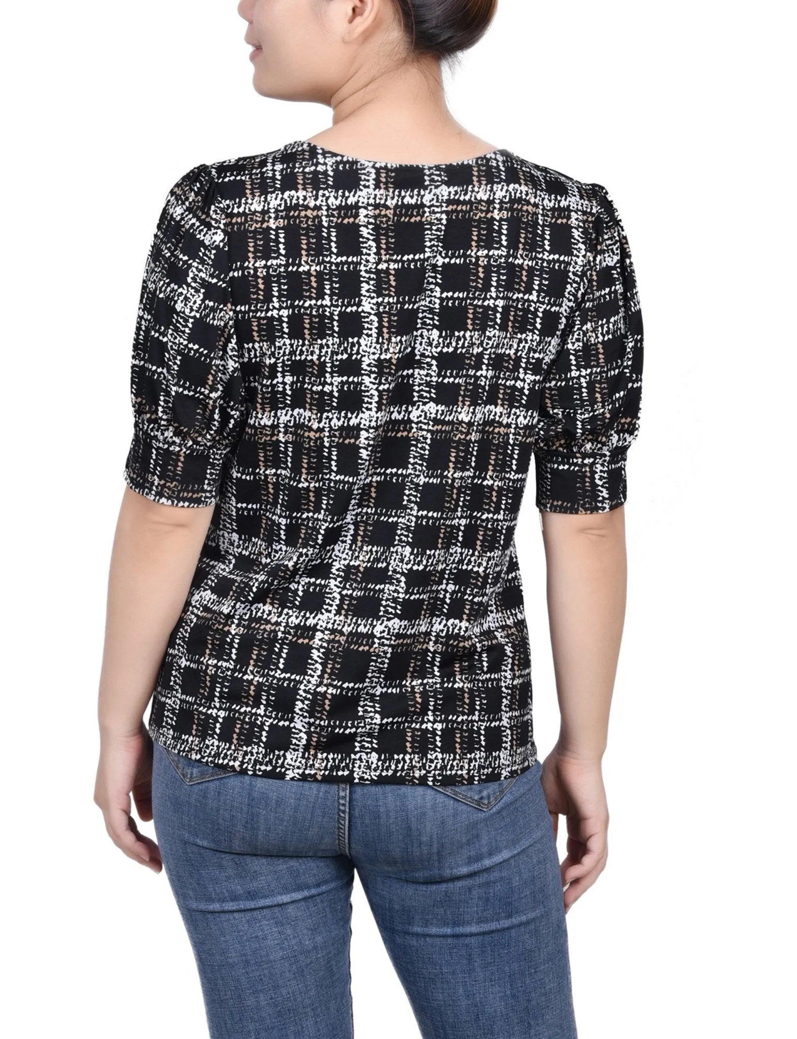 Jet Traceplaid Short Sleeve Balloon Sleeve Top - Petite sold by Dress Barn product image thumbnail 4