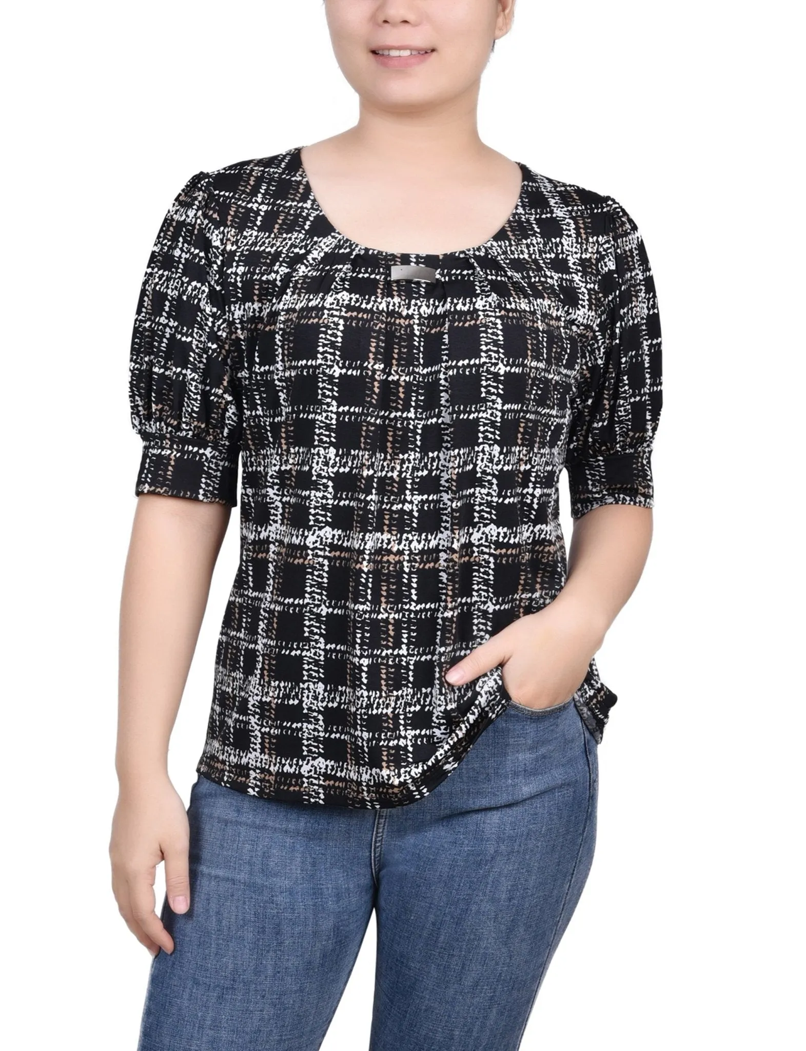 Jet Traceplaid Short Sleeve Balloon Sleeve Top - Petite sold by Dress Barn