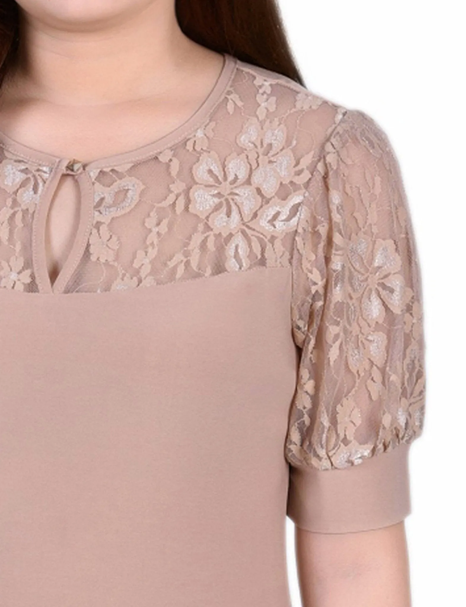 Doeskin Short Puff Sleeve Top With Lace Sleeves And Yoke - Petite sold by Dress Barn product image thumbnail 3