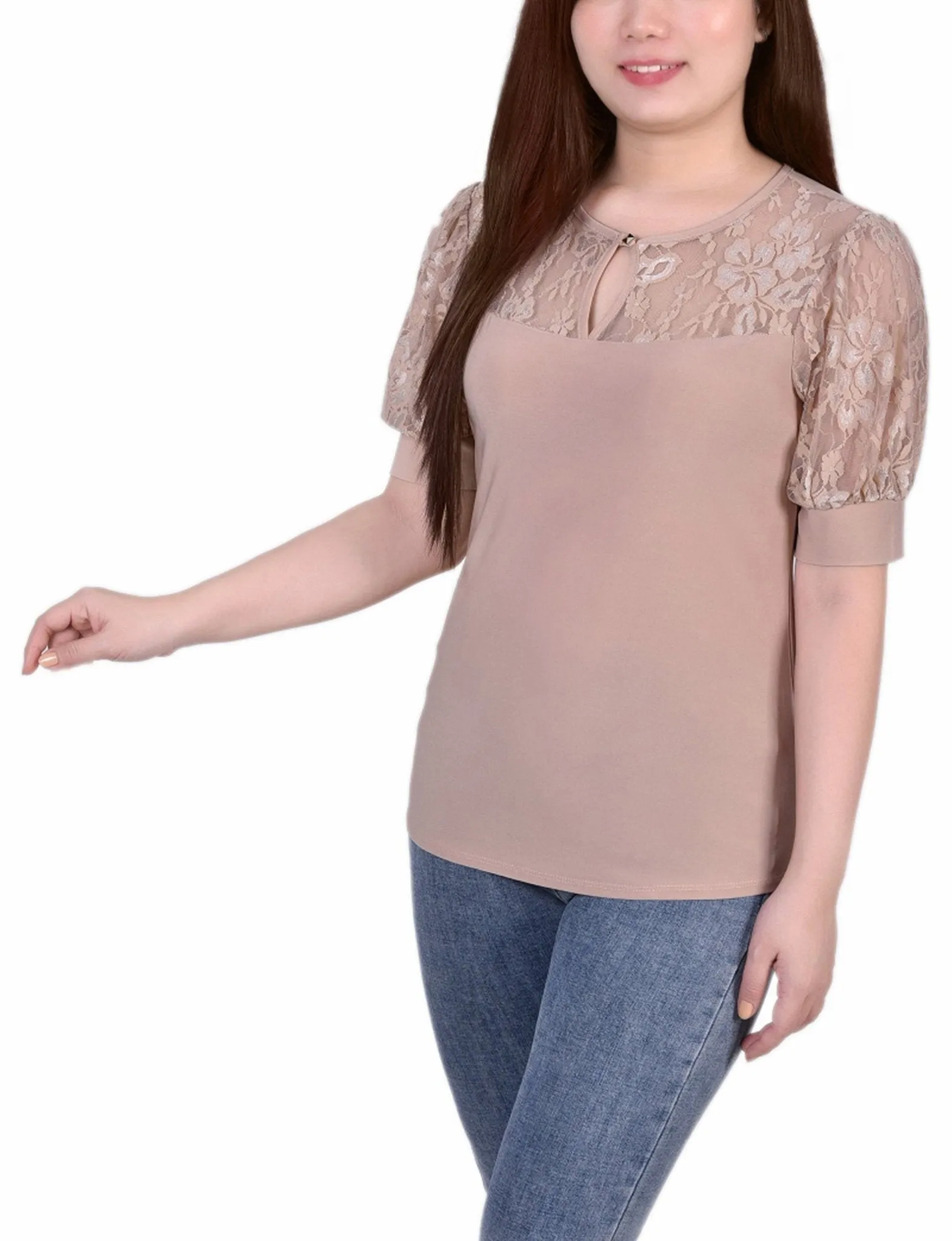 Doeskin Short Puff Sleeve Top With Lace Sleeves And Yoke - Petite sold by Dress Barn product image thumbnail 2