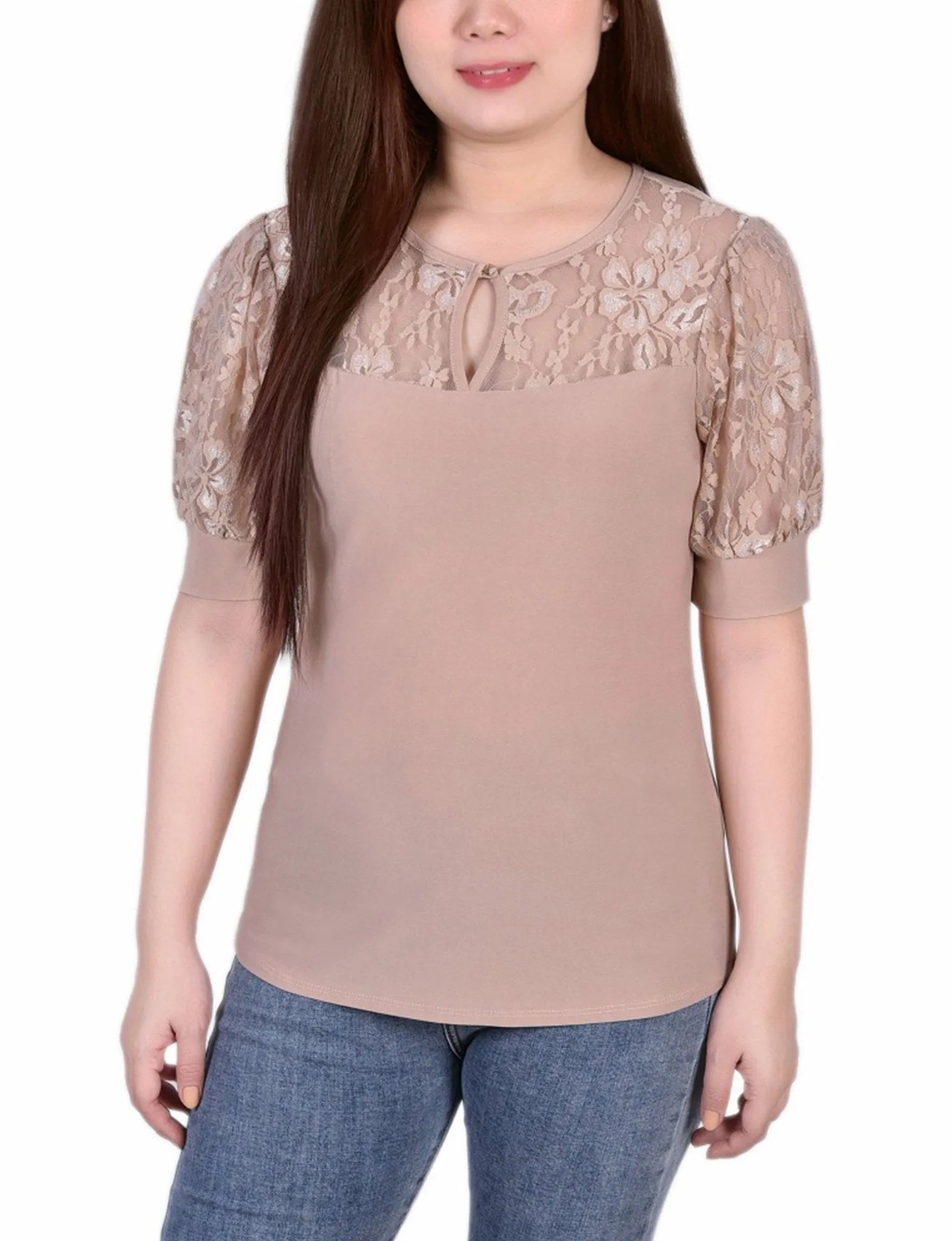 Doeskin Short Puff Sleeve Top With Lace Sleeves And Yoke - Petite sold by Dress Barn