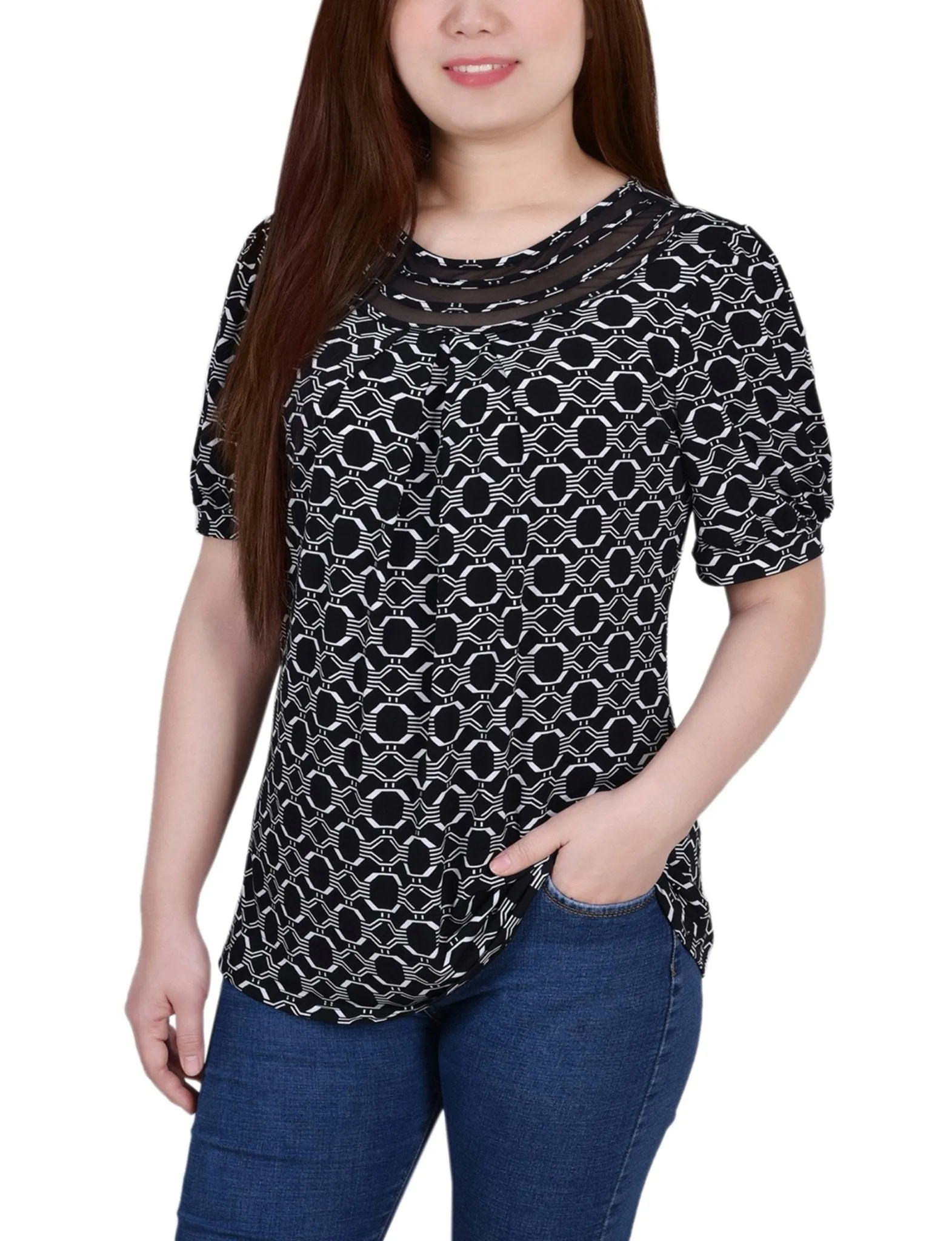 Black White Link 3/4 Sleeve Blouse With Necklace - Petite sold by Dress Barn