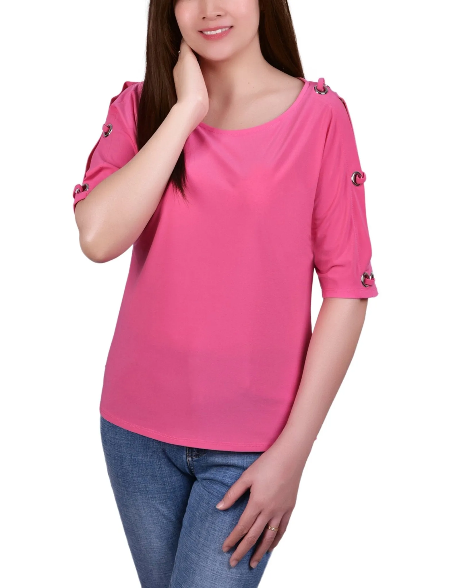 Miami Pink Scoop Neck Top With Grommets On Sleeves - Petite sold by Dress Barn