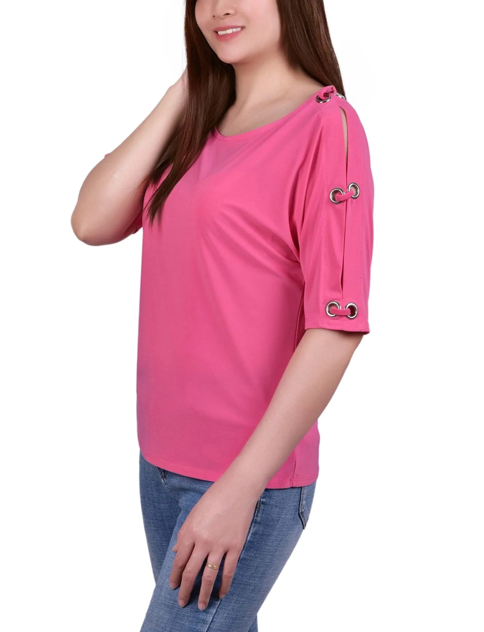 Miami Pink Scoop Neck Top With Grommets On Sleeves - Petite sold by Dress Barn product image thumbnail 2