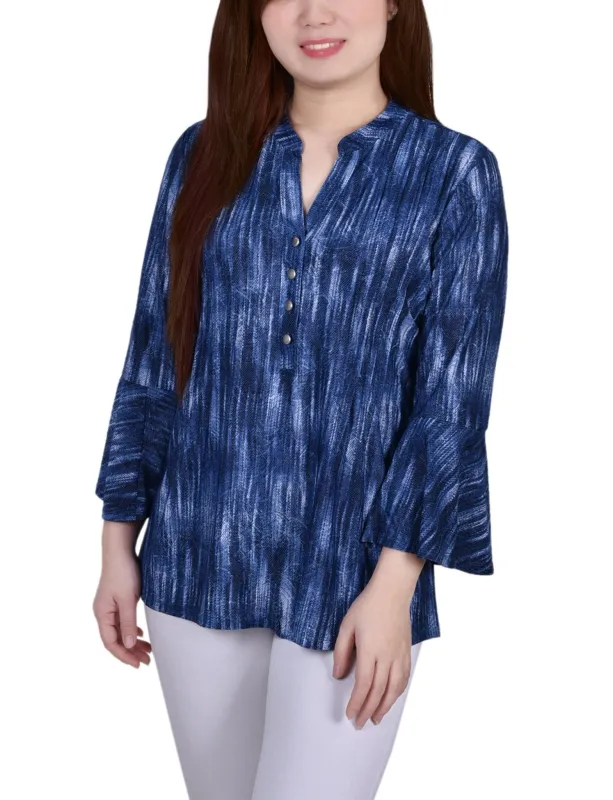 Blue Stripe 3/4 Bell Sleeve Pleat Front Y Neck Top - Petite sold by Dress Barn