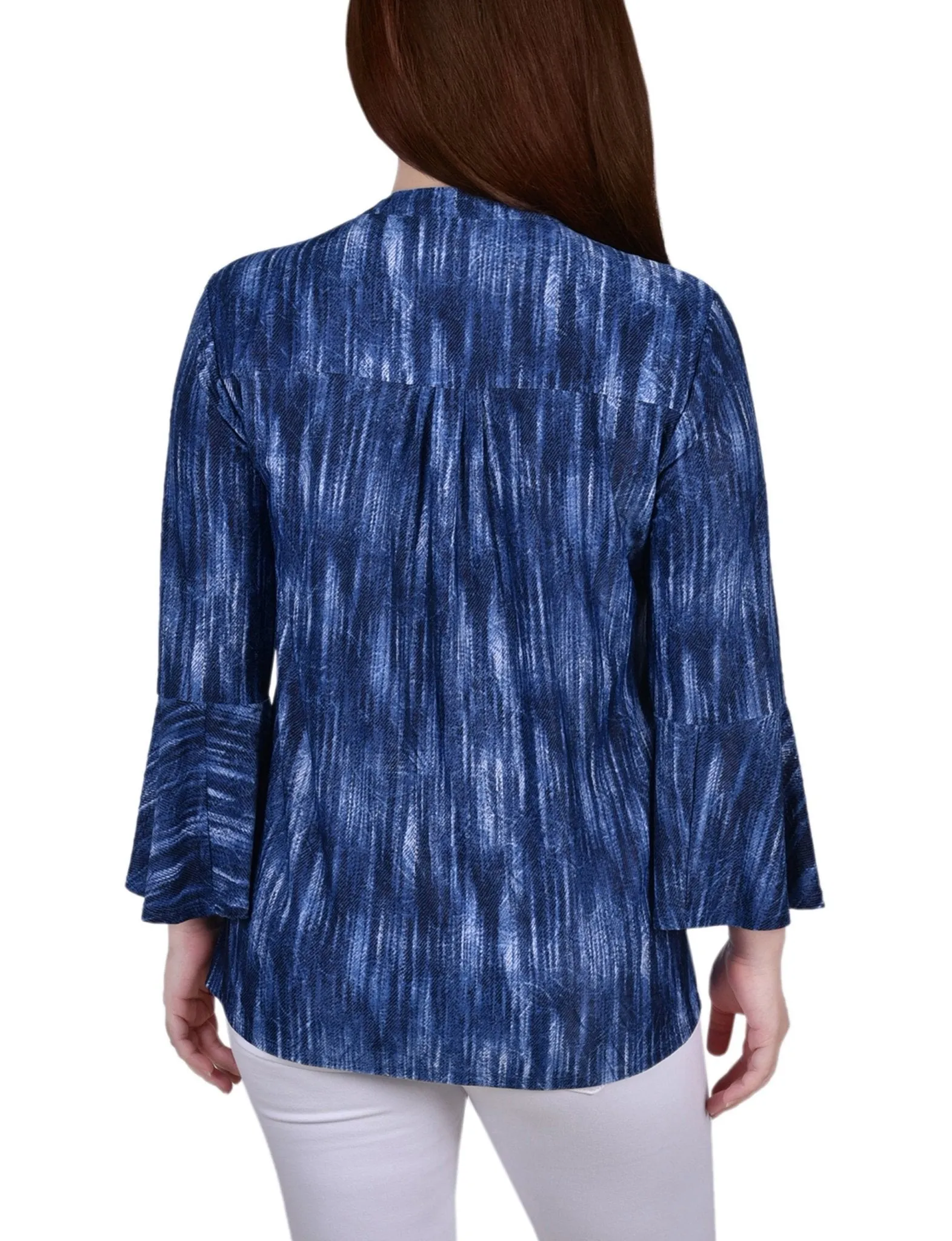 Blue Stripe 3/4 Bell Sleeve Pleat Front Y Neck Top - Petite sold by Dress Barn product image thumbnail 4