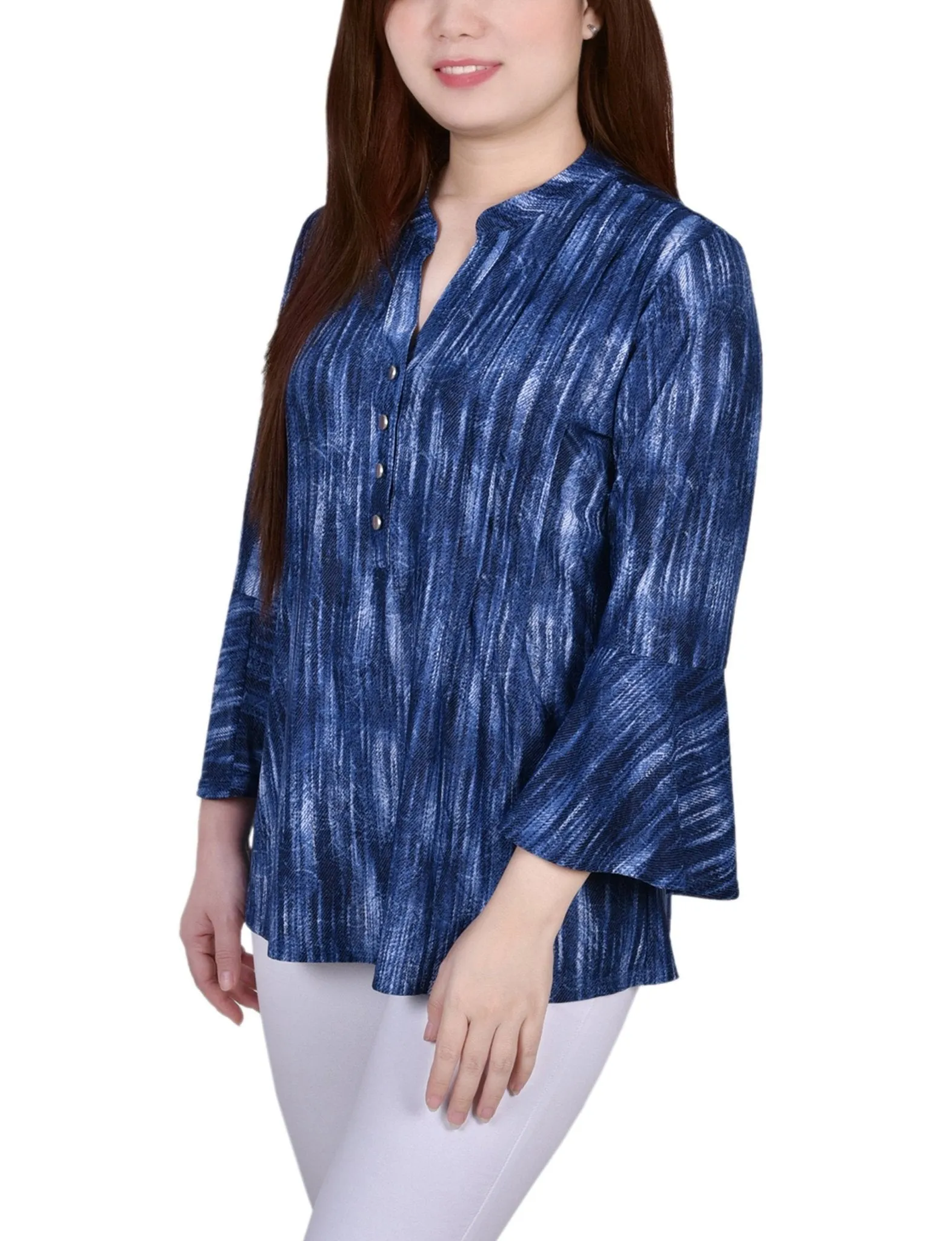 Blue Stripe 3/4 Bell Sleeve Pleat Front Y Neck Top - Petite sold by Dress Barn product image thumbnail 2