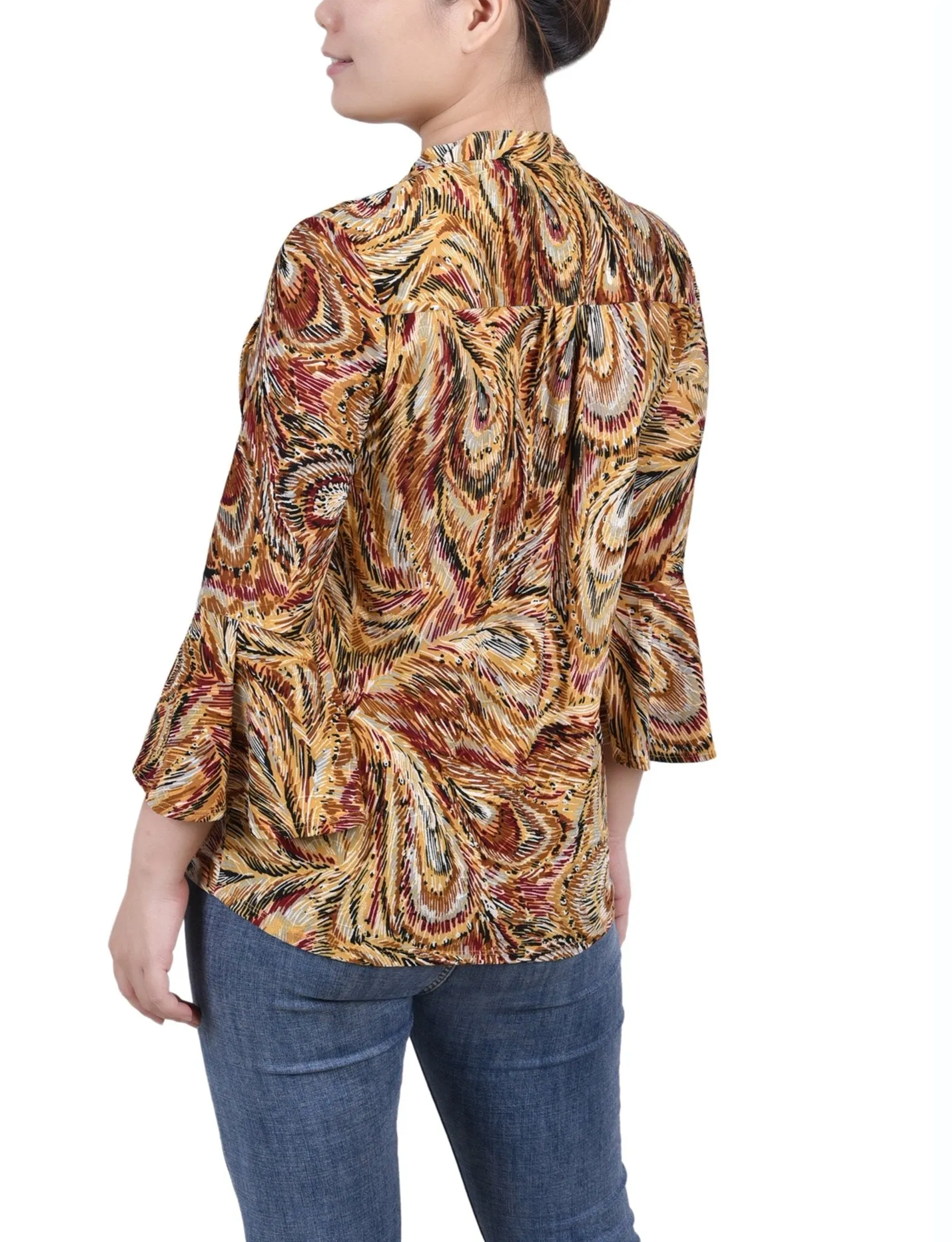 Multi Grey Peacock 3/4 Bell Sleeve Pleat Front Y Neck Top - Petite sold by Dress Barn product image thumbnail 4