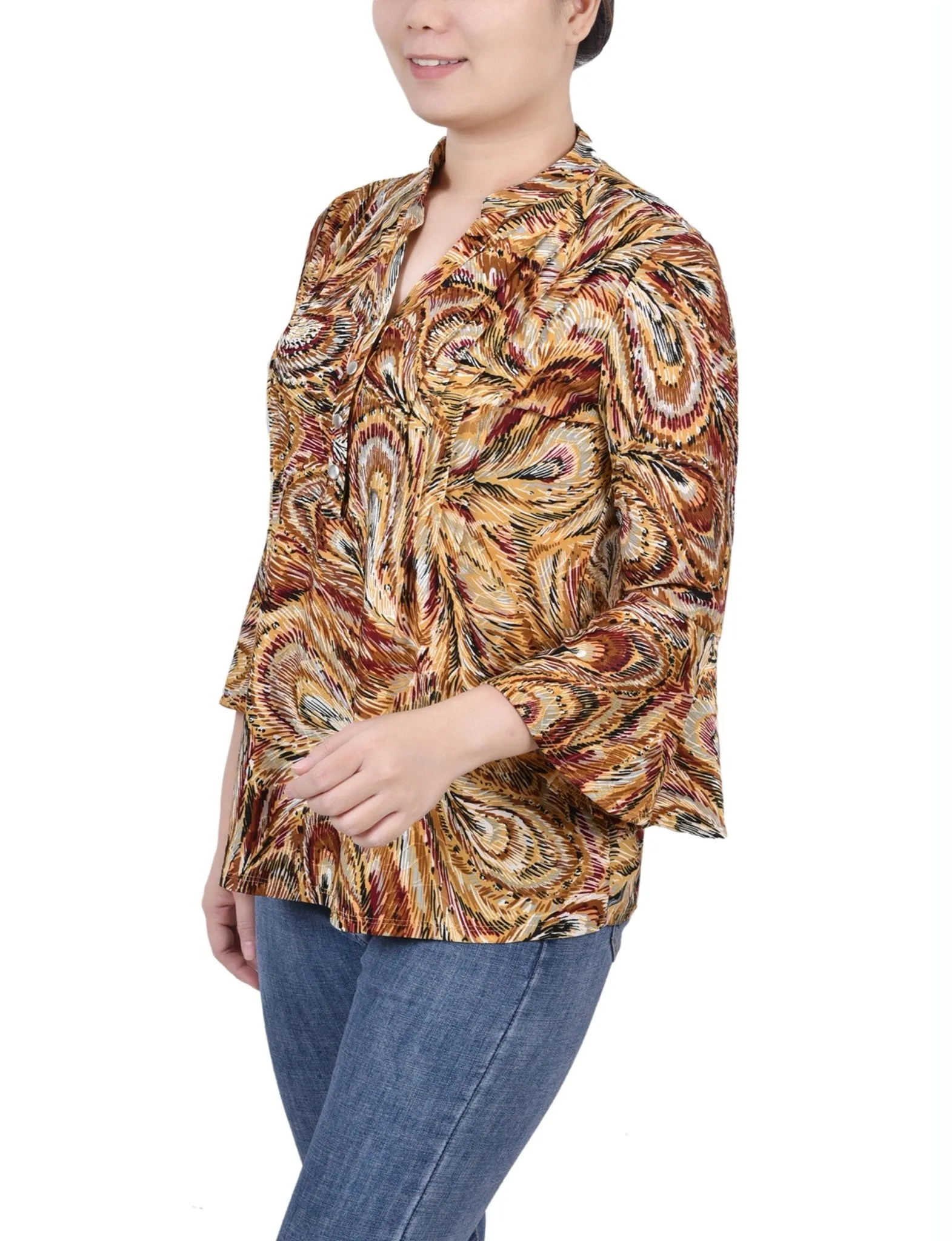 Multi Grey Peacock 3/4 Bell Sleeve Pleat Front Y Neck Top - Petite sold by Dress Barn product image thumbnail 2