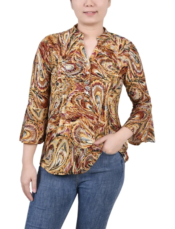 Multi Grey Peacock 3/4 Bell Sleeve Pleat Front Y Neck Top - Petite sold by Dress Barn