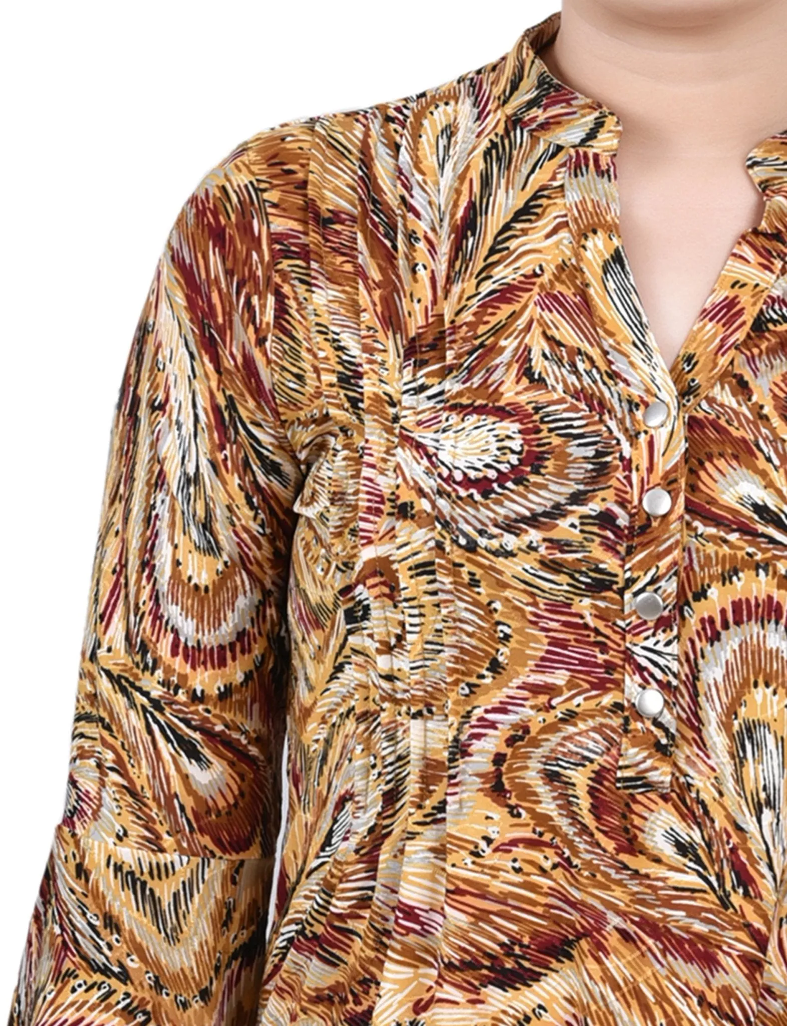 Multi Grey Peacock 3/4 Bell Sleeve Pleat Front Y Neck Top - Petite sold by Dress Barn product image thumbnail 3