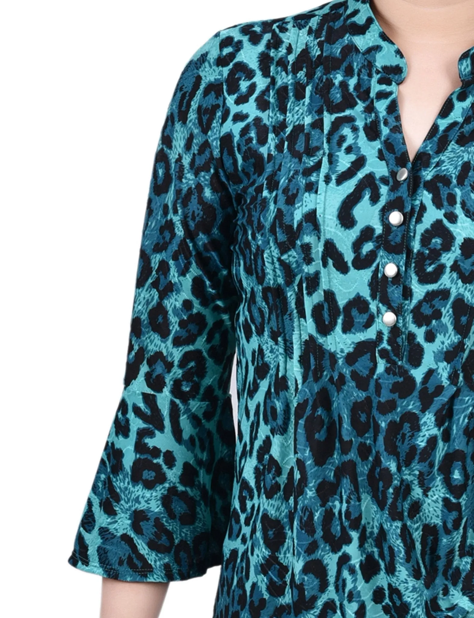 Dark Teal Skin 3/4 Bell Sleeve Pleat Front Y Neck Top - Petite sold by Dress Barn product image thumbnail 3