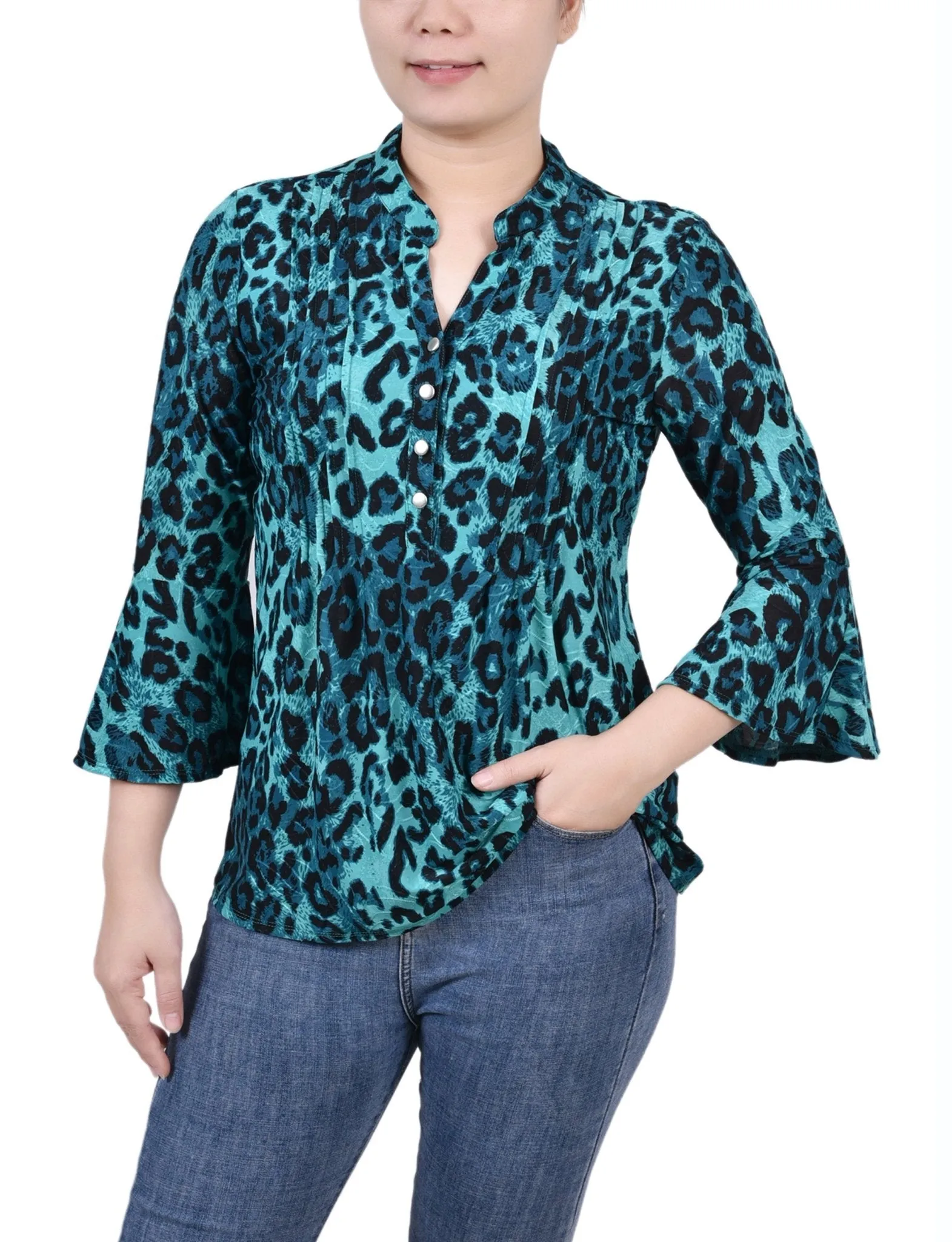 Dark Teal Skin 3/4 Bell Sleeve Pleat Front Y Neck Top - Petite sold by Dress Barn