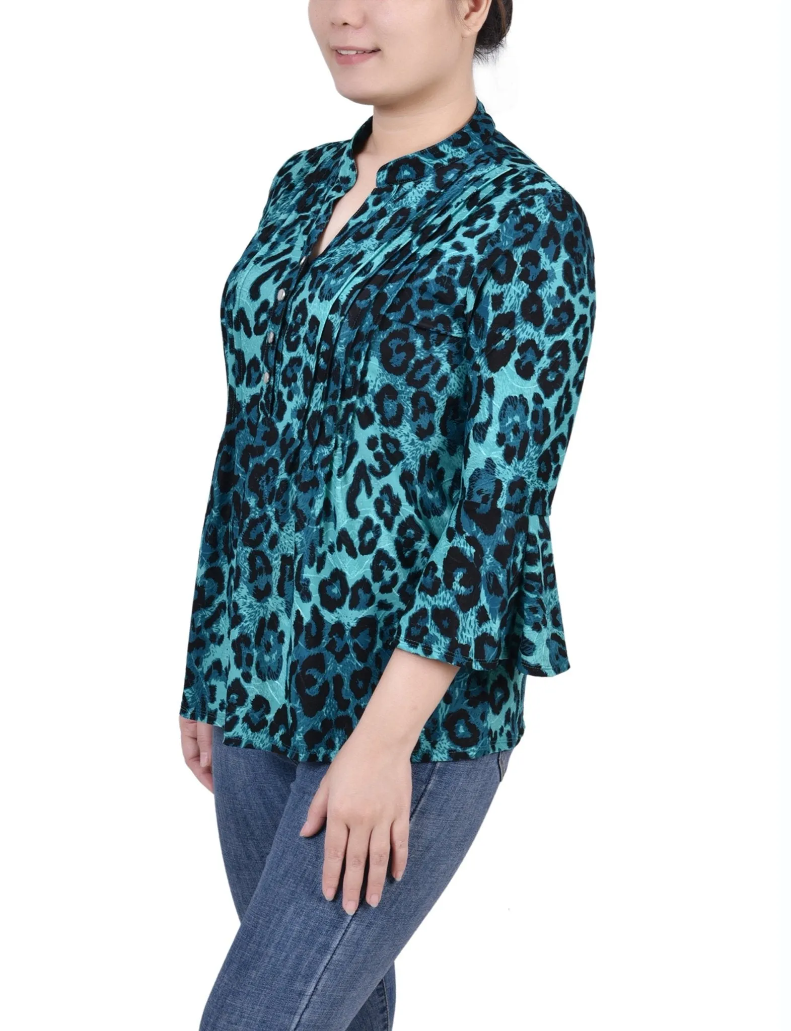 Dark Teal Skin 3/4 Bell Sleeve Pleat Front Y Neck Top - Petite sold by Dress Barn product image thumbnail 2