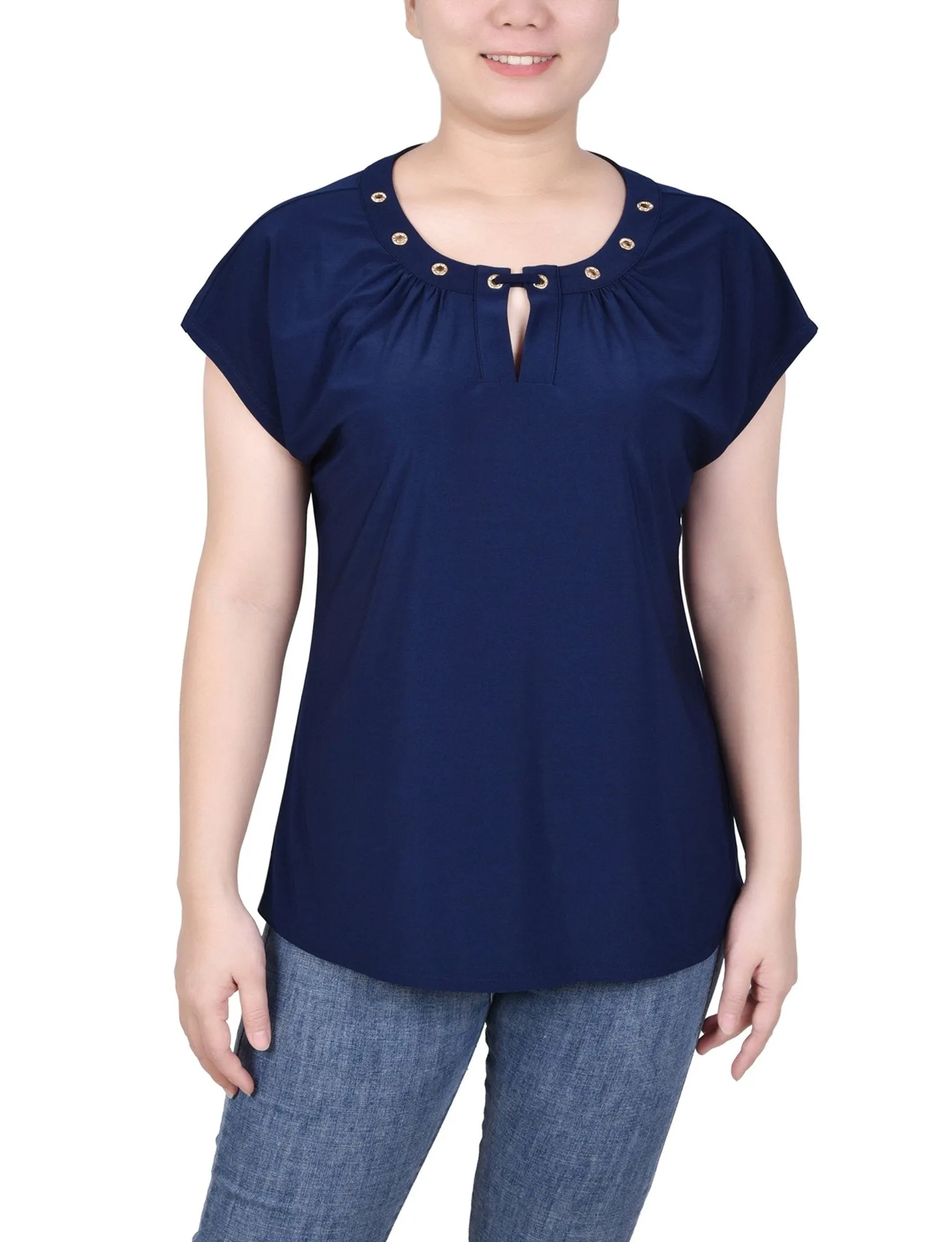Navy Short Extended-Sleeve Grommet Neck Knit Top - Petite sold by Dress Barn