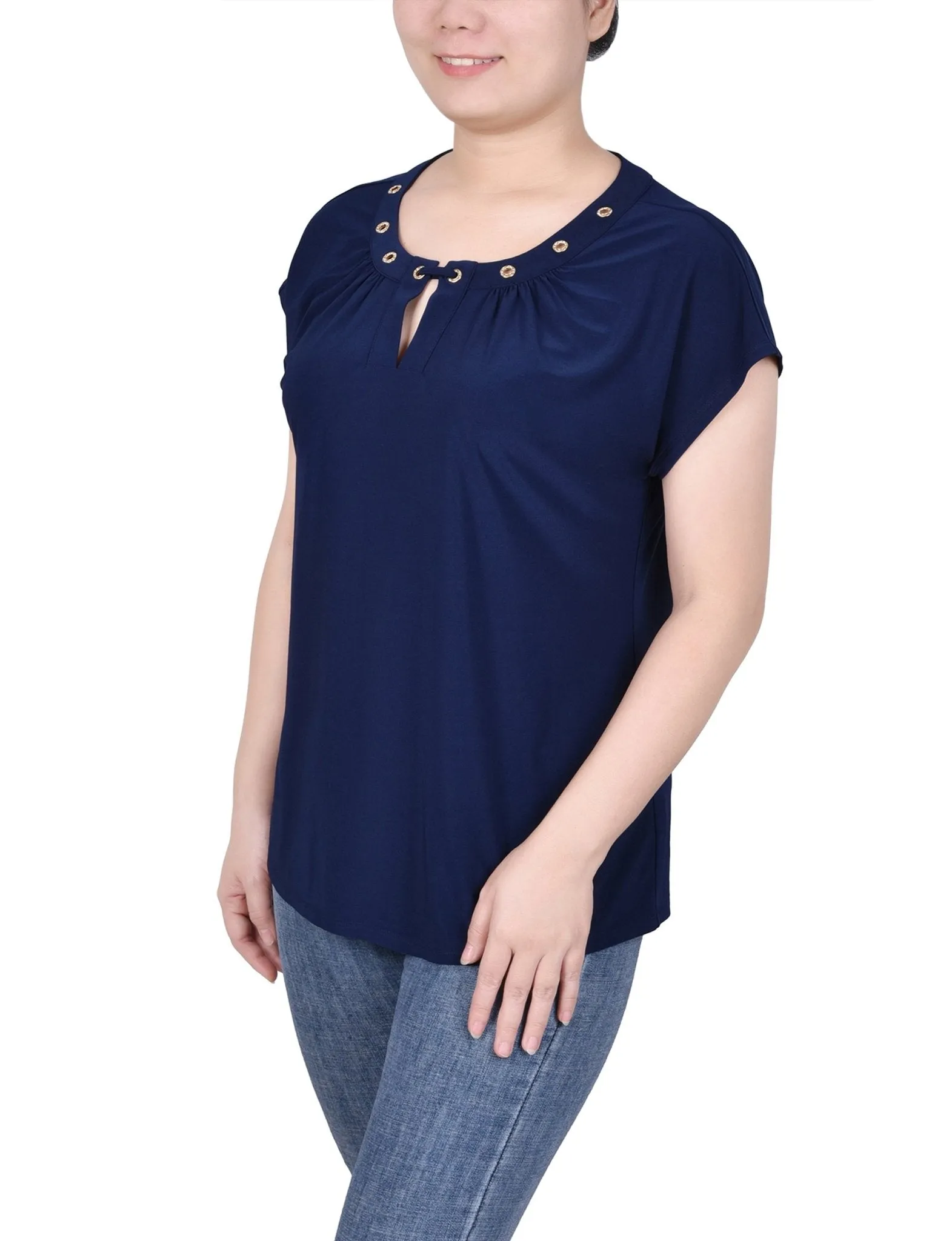 Navy Short Extended-Sleeve Grommet Neck Knit Top - Petite sold by Dress Barn product image thumbnail 2