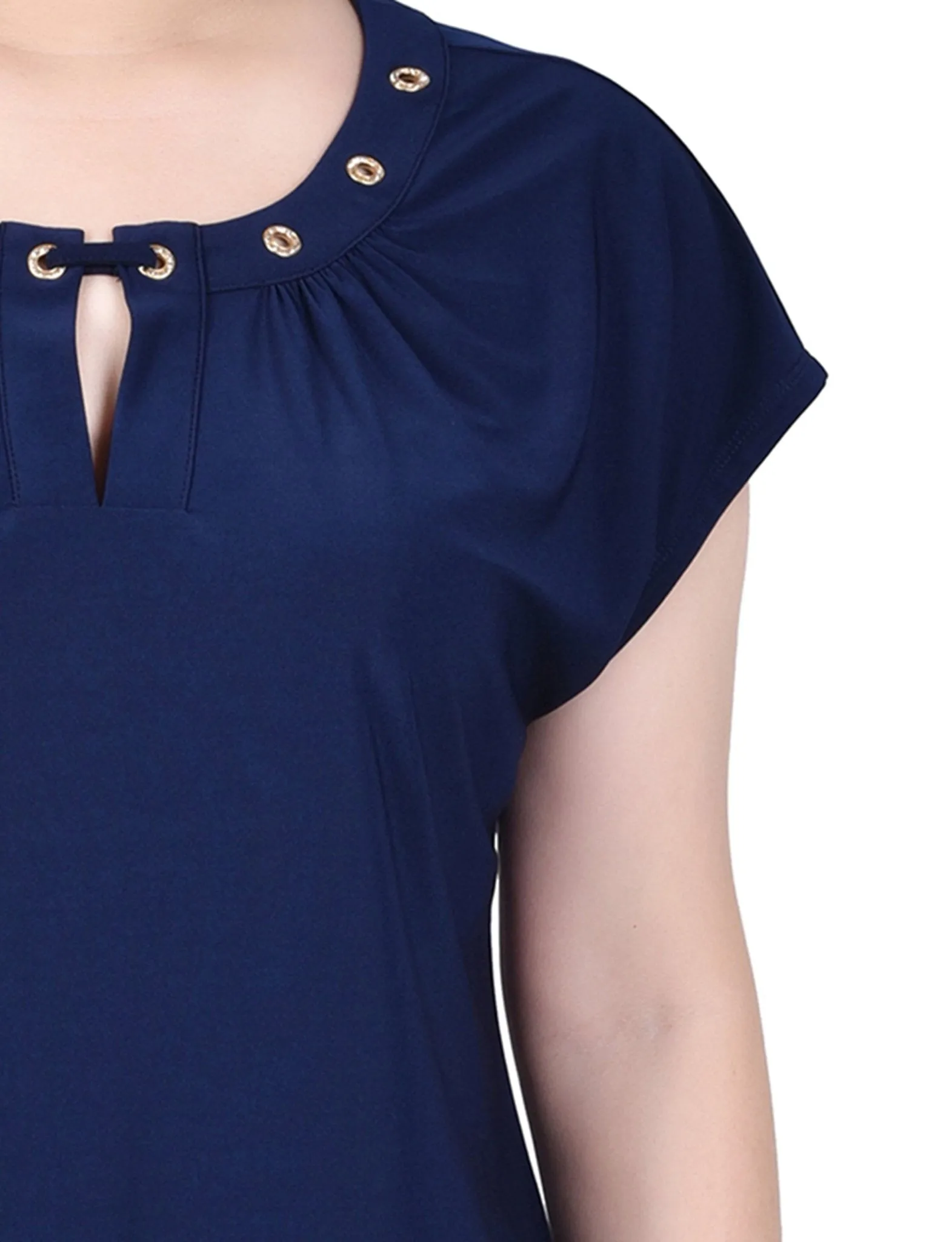 Navy Short Extended-Sleeve Grommet Neck Knit Top - Petite sold by Dress Barn product image thumbnail 3