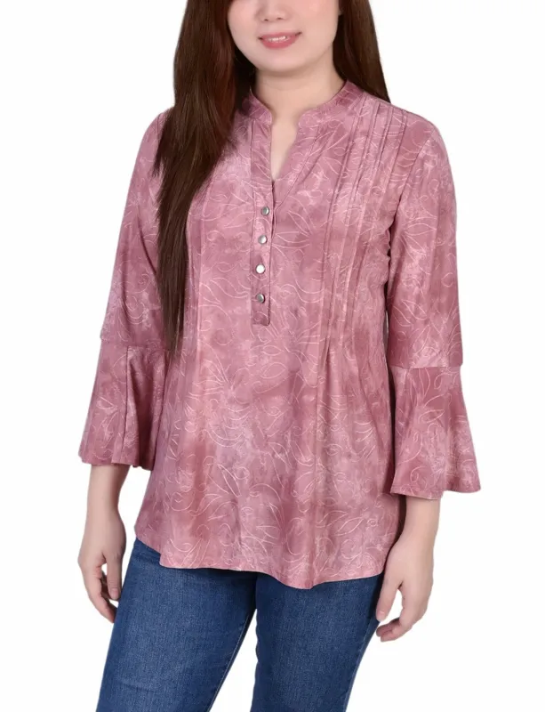 Mauve Tie Dye 3/4 Bell Sleeve Pleat Front Y Neck Top - Petite sold by Dress Barn