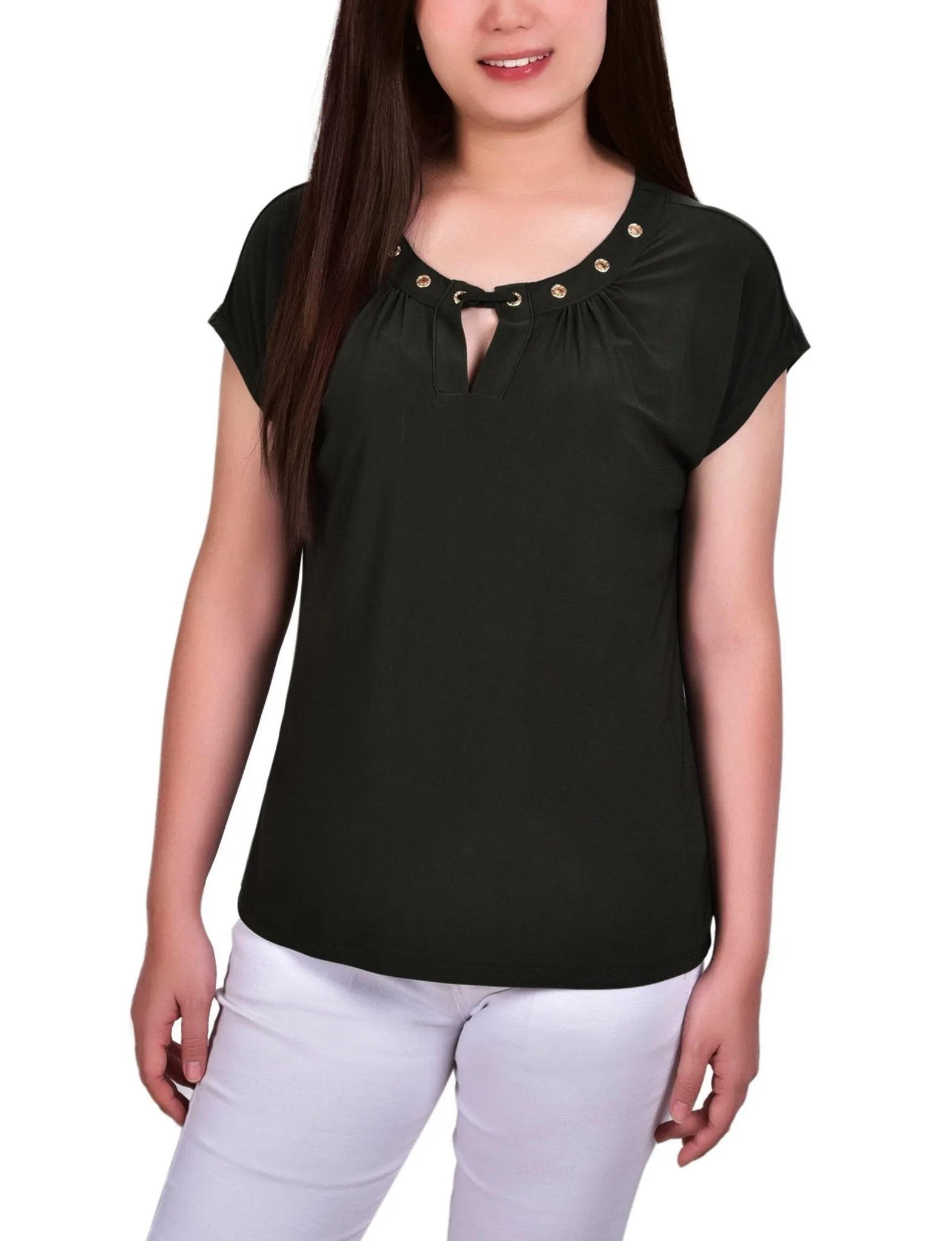 Black Short Extended-Sleeve Grommet Neck Knit Top - Petite sold by Dress Barn