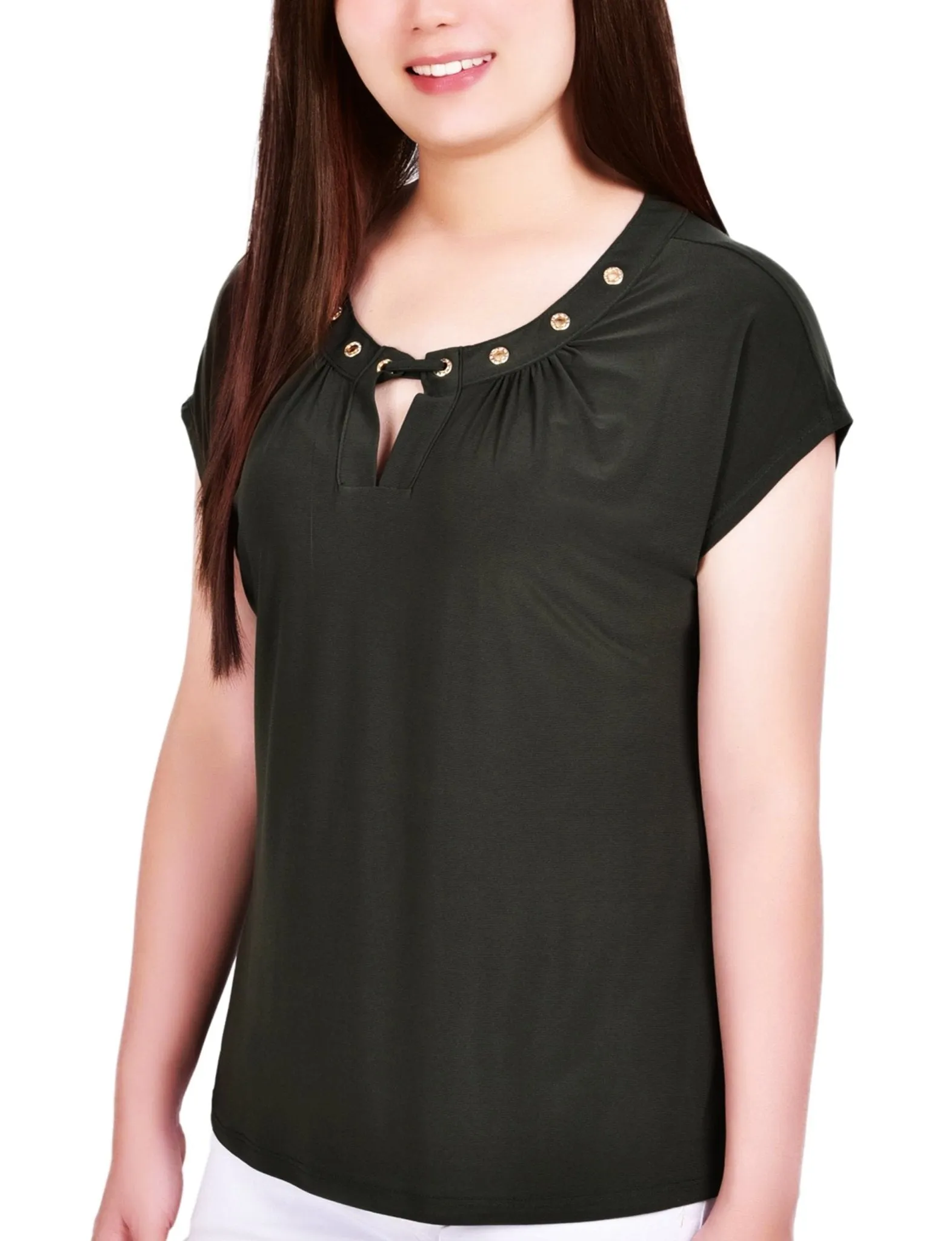 Black Short Extended-Sleeve Grommet Neck Knit Top - Petite sold by Dress Barn product image thumbnail 2