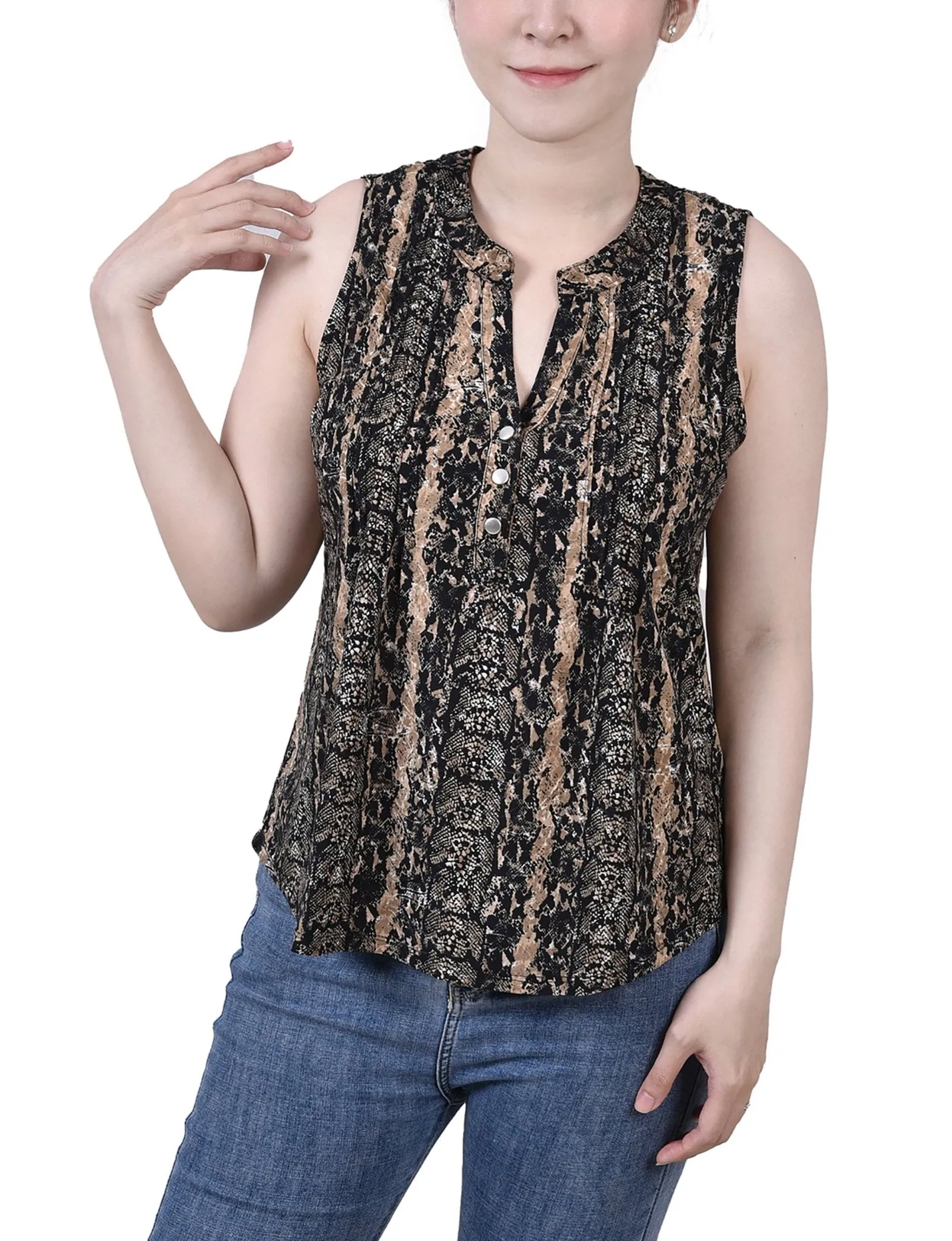 Neutral Reptileskin Sleeveless Jacquard Y Neck Top - Petite sold by Dress Barn