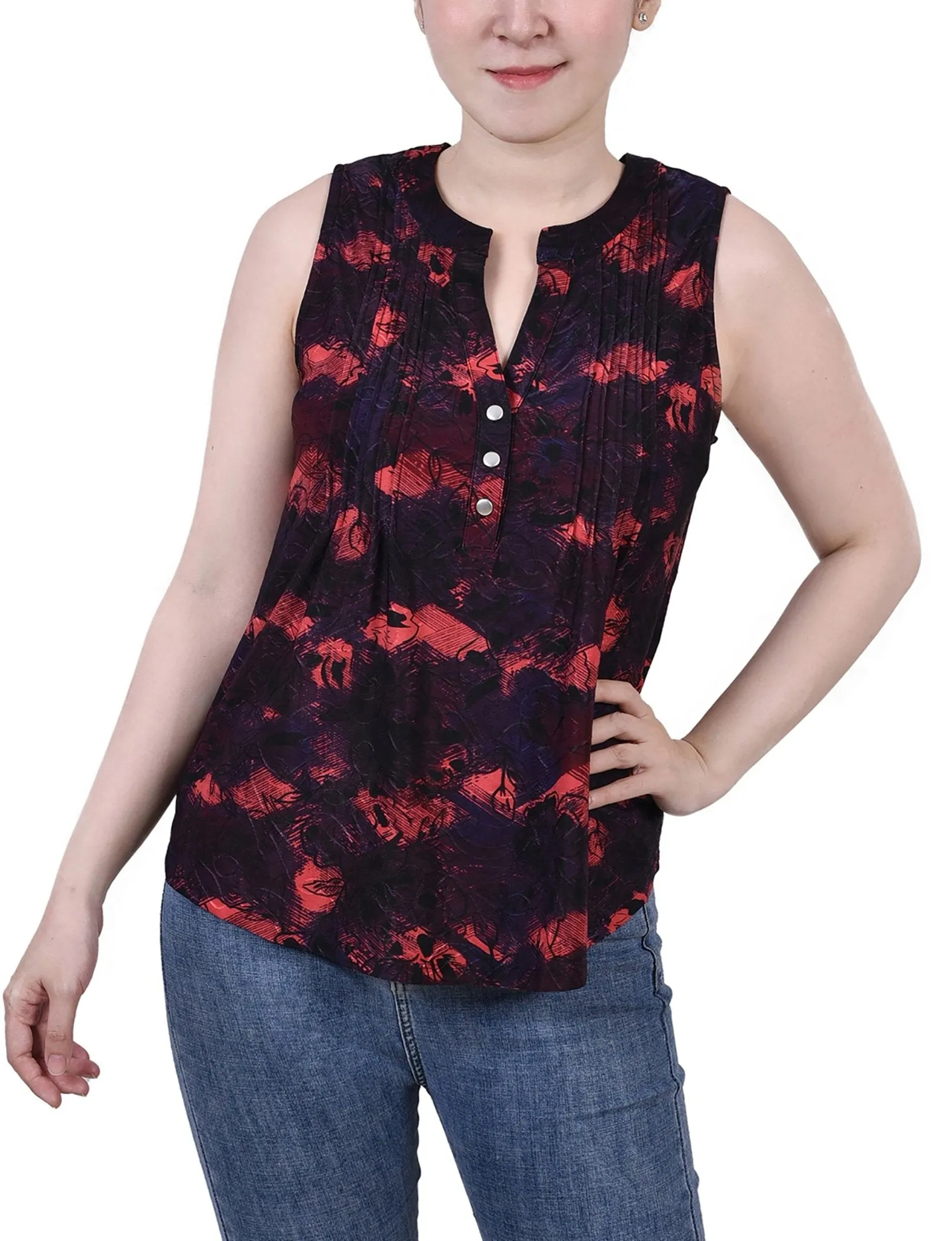Wine Milaflor Sleeveless Jacquard Y Neck Top - Petite sold by Dress Barn