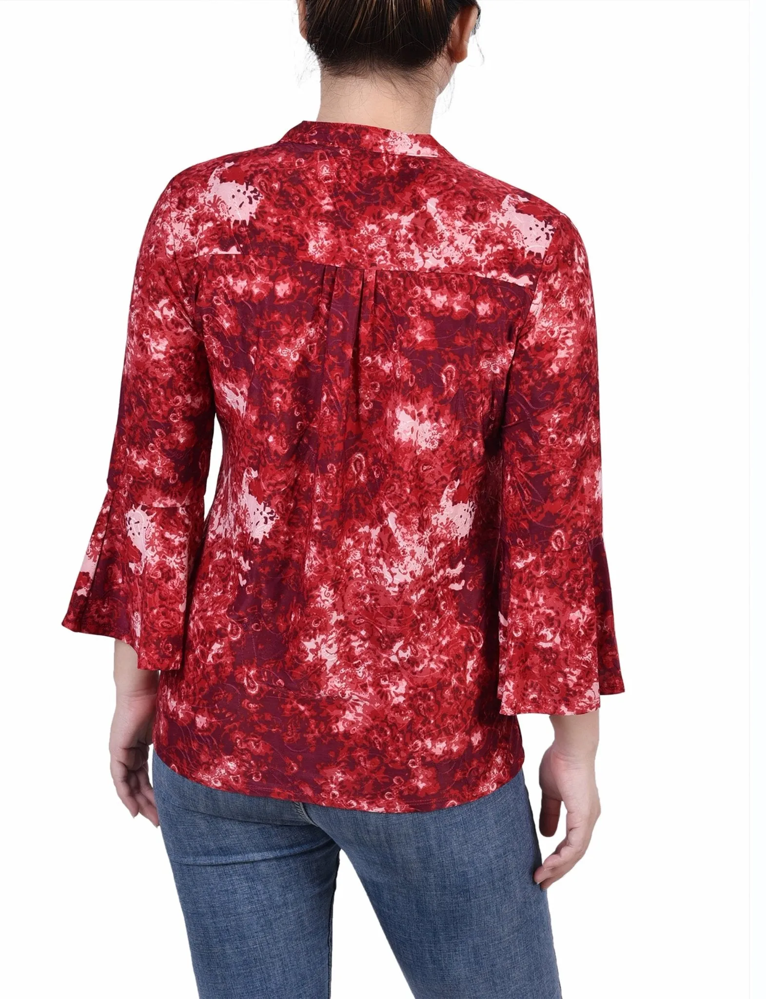 Wine Geobreeze 3/4 Bell Sleeve Pleat Front Y Neck Top - Petite sold by Dress Barn product image thumbnail 4