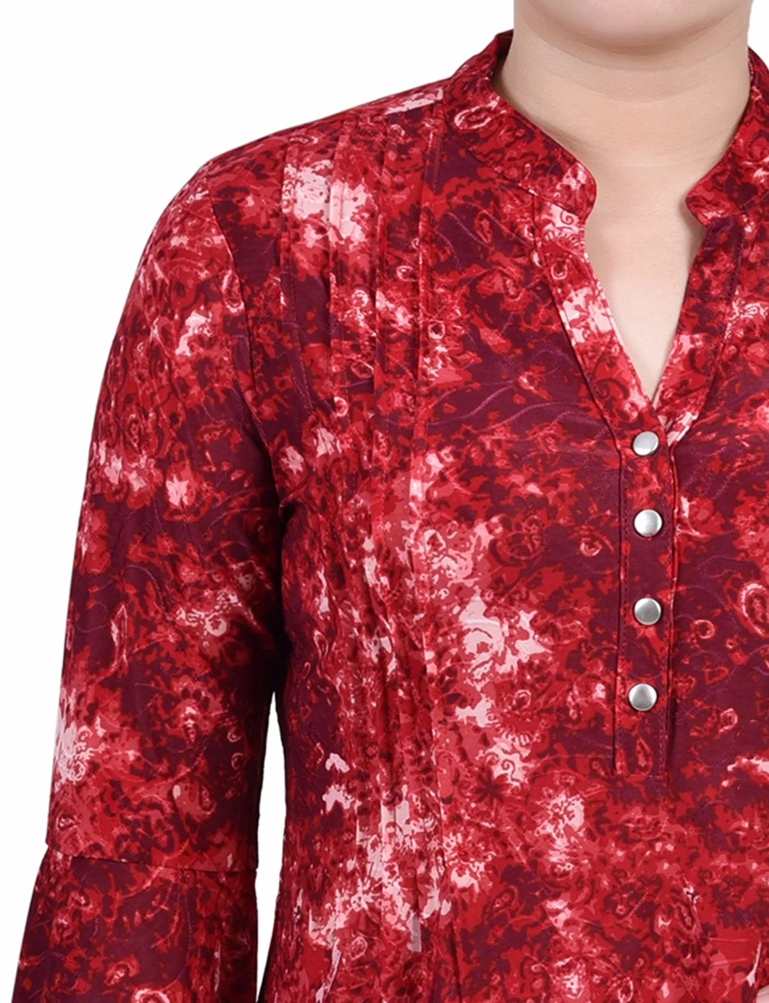 Wine Geobreeze 3/4 Bell Sleeve Pleat Front Y Neck Top - Petite sold by Dress Barn product image thumbnail 3