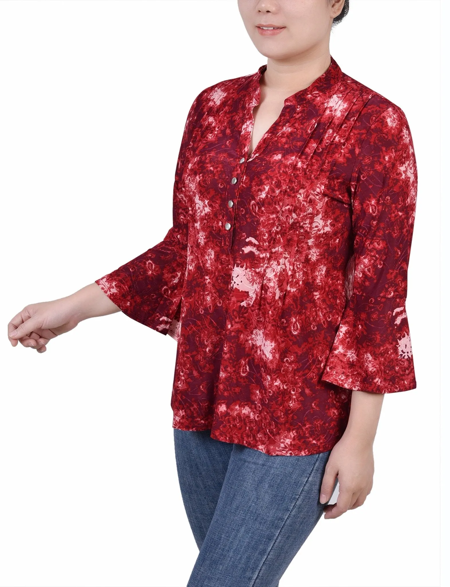 Wine Geobreeze 3/4 Bell Sleeve Pleat Front Y Neck Top - Petite sold by Dress Barn product image thumbnail 2