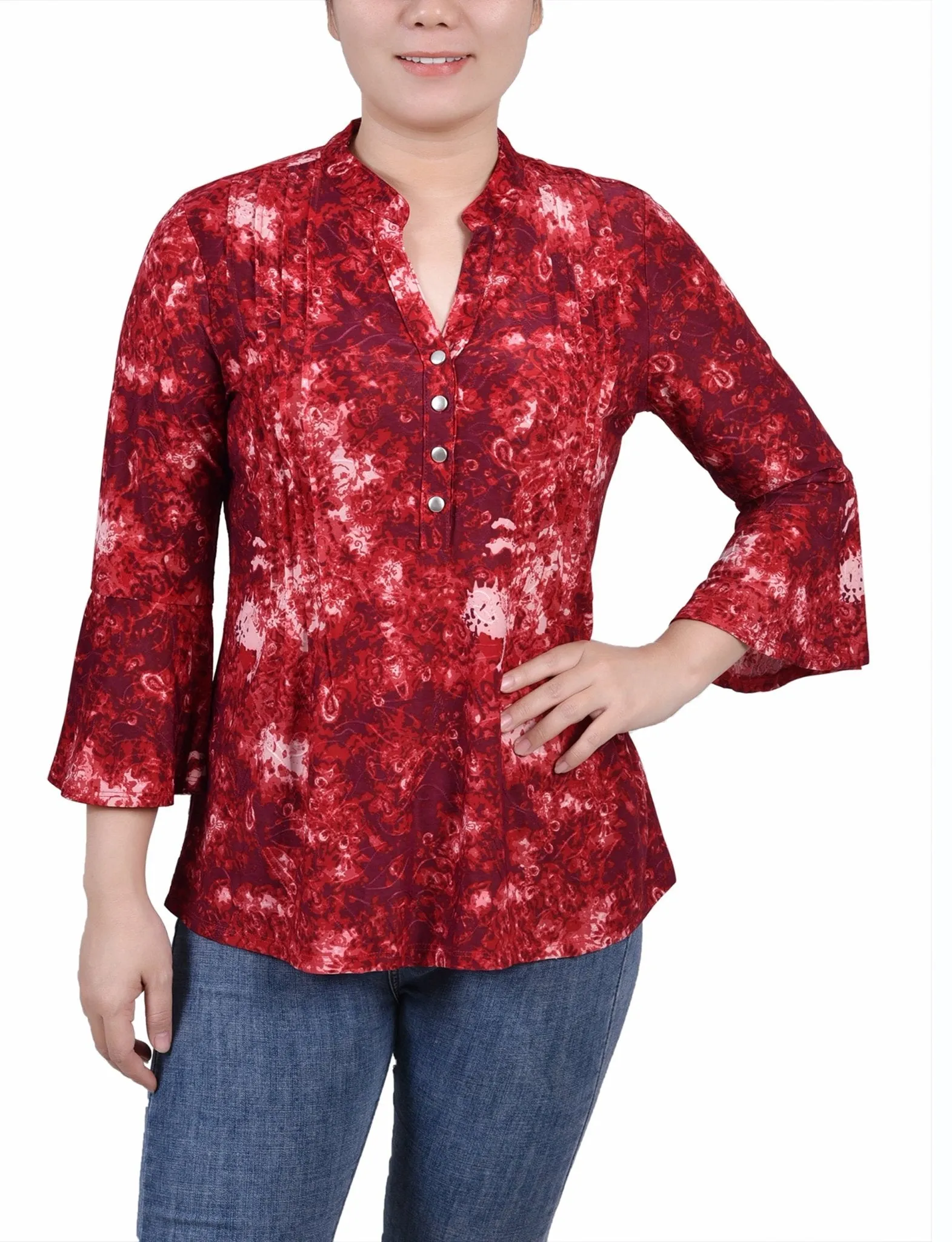 Wine Geobreeze 3/4 Bell Sleeve Pleat Front Y Neck Top - Petite sold by Dress Barn