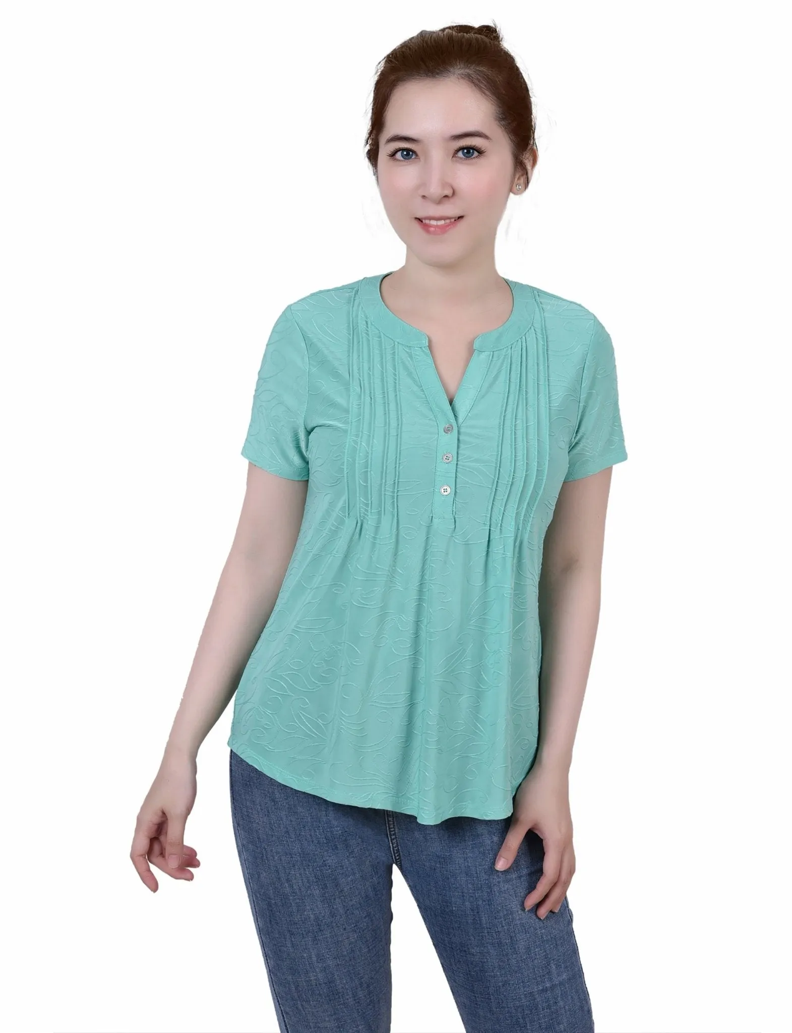 Bermuda Short Sleeve Y Neck Jacquard Knit Top - Petite sold by Dress Barn