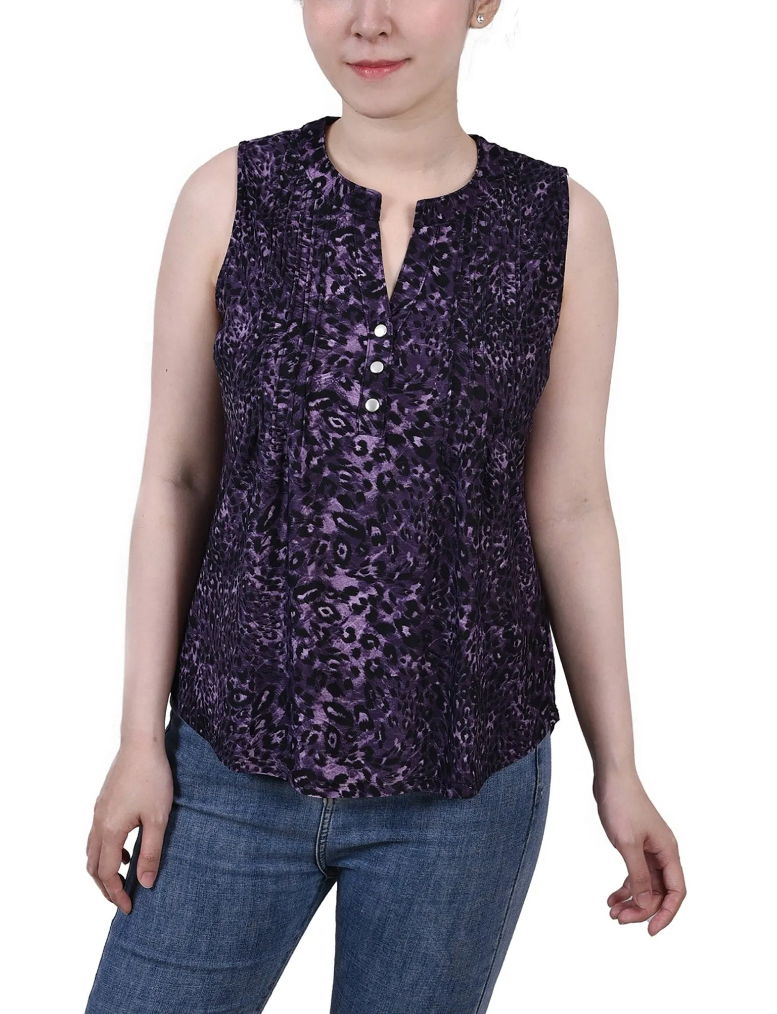 Purple Cheetah Sleeveless Jacquard Y Neck Top - Petite sold by Dress Barn