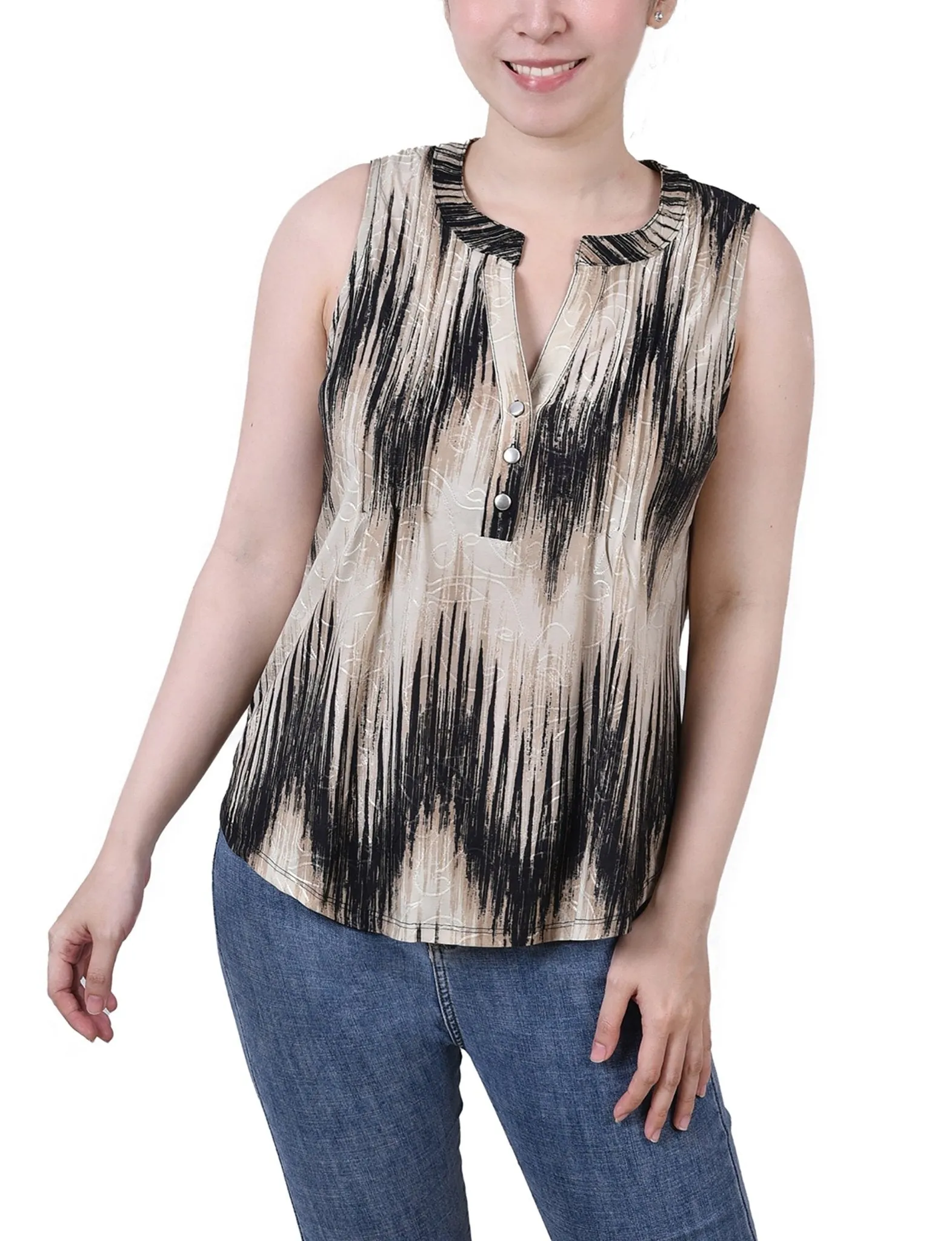 Khaki Ligia Sleeveless Jacquard Y Neck Top - Petite sold by Dress Barn