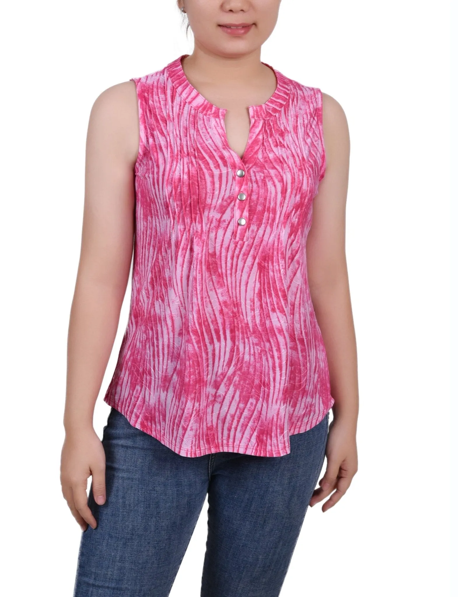 Fuschia Swirlbreeze Sleeveless Jacquard Y Neck Top - Petite sold by Dress Barn
