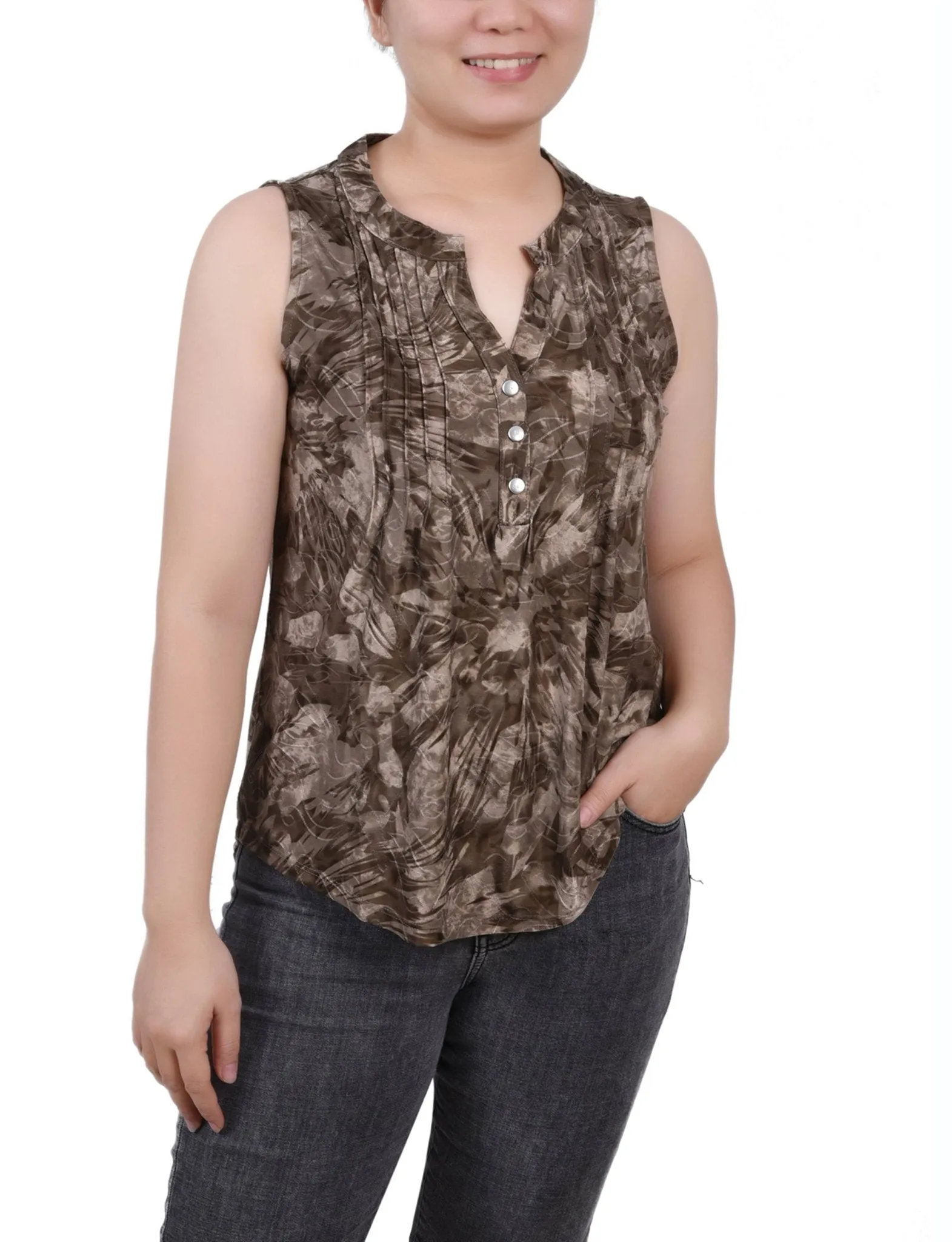 Taupe Jackrain Sleeveless Jacquard Y Neck Top - Petite sold by Dress Barn